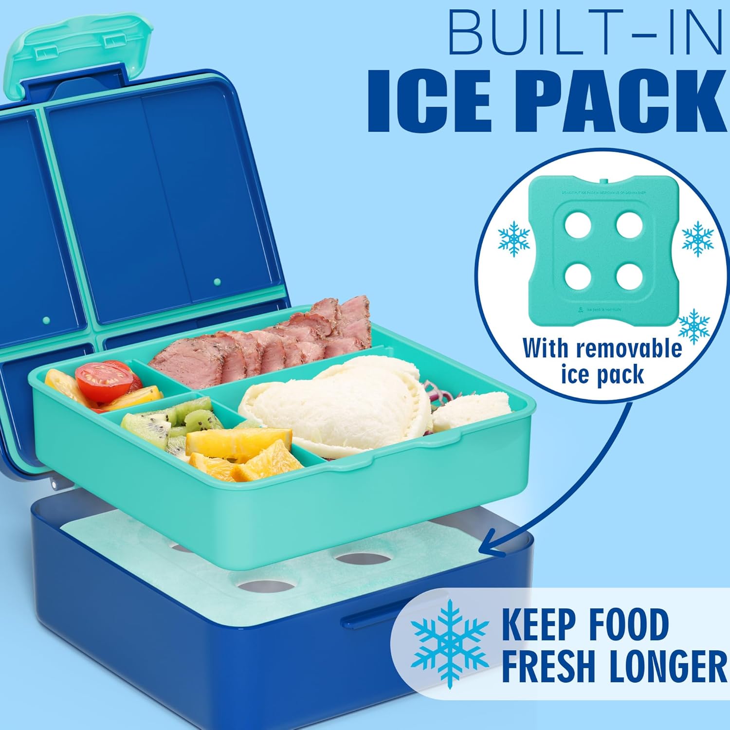 Fimibuke Chill Bento Box for Kids Adult, Leak Proof Toddler Lunch Box with Ice Pack Keep Food Cold, BPA Free 4 Compartment Lunch Container with Utensils for Girl Boy School, Microwave Dishwasher Safe - Image 2