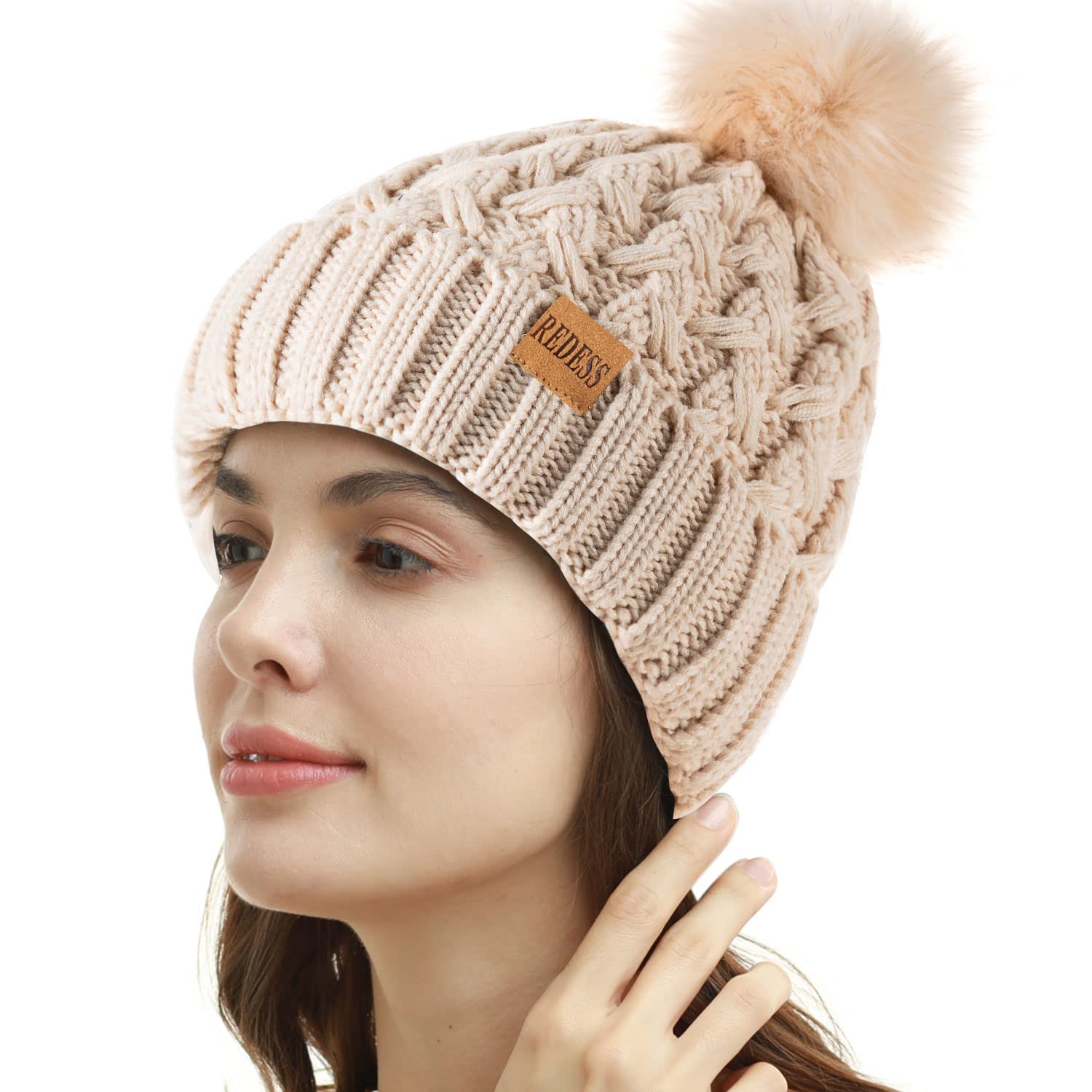 REDESS Cappello Invernale da Donna con Pompon con Pompon Cappelli Caldi Foderati in Pile, Berretto Incrociato in Maglia di Neve Spessa e Morbida per Le Signore