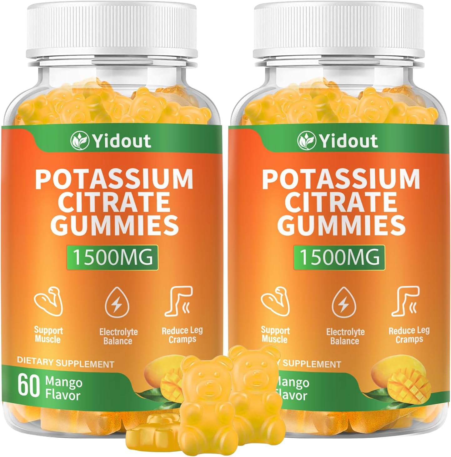 Potassium Citrate 1500mg Gummies-Support Leg Cramps & Muscle Health, Potassium Gummies for Adults & Kids,Vegan, Non-GMO, Mango Flavor (60 Count（Pack of 2）)