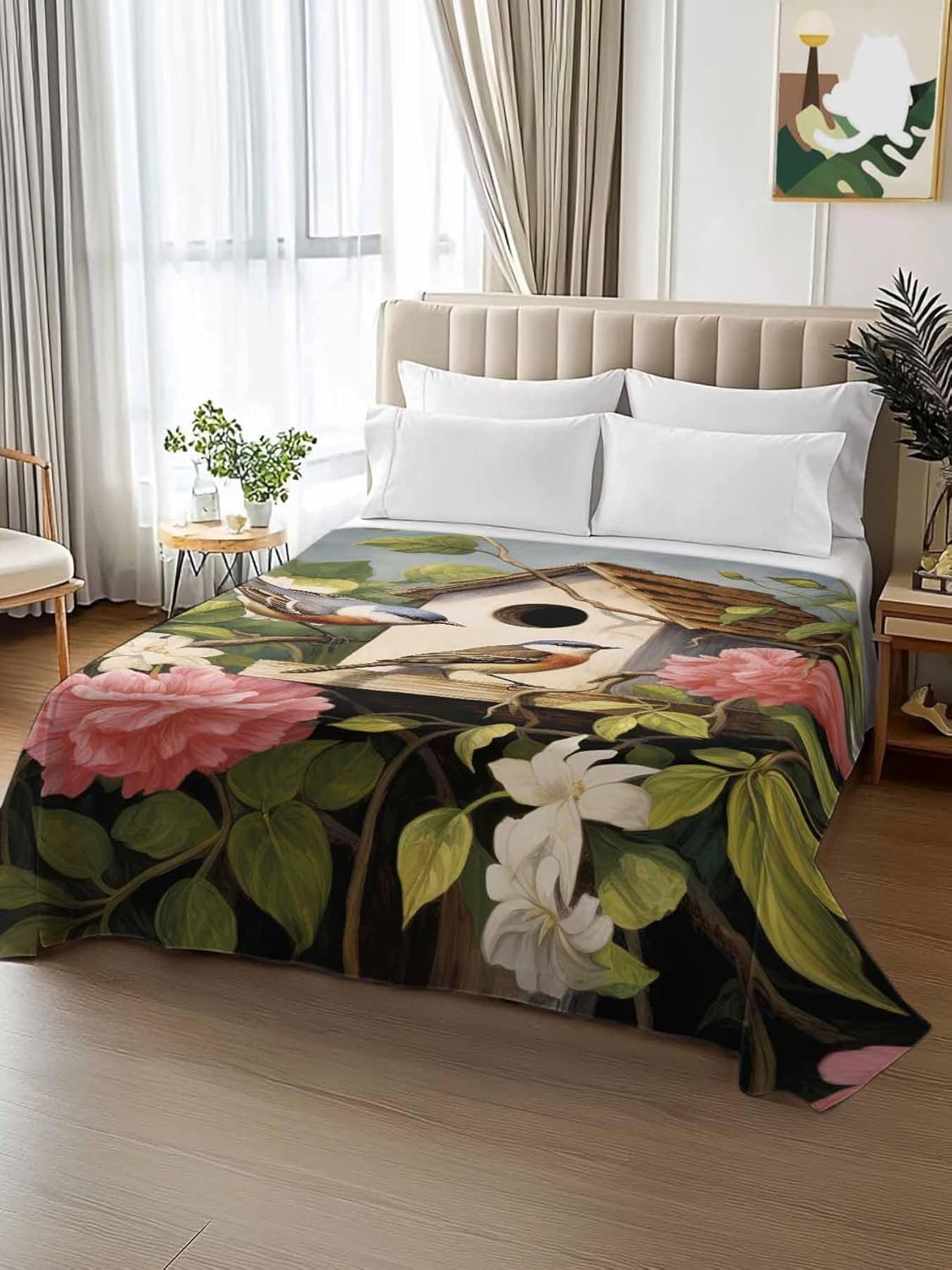 Top Sheet Full Bedding Flat Sheet Only, Farmhouse Bird on Flower Branch Leaf Microfiber Bed Sheets Soft Breathable Bedding Flat Sheets, Pastoral Pink White Floral Hotel Luxury Top Sheets