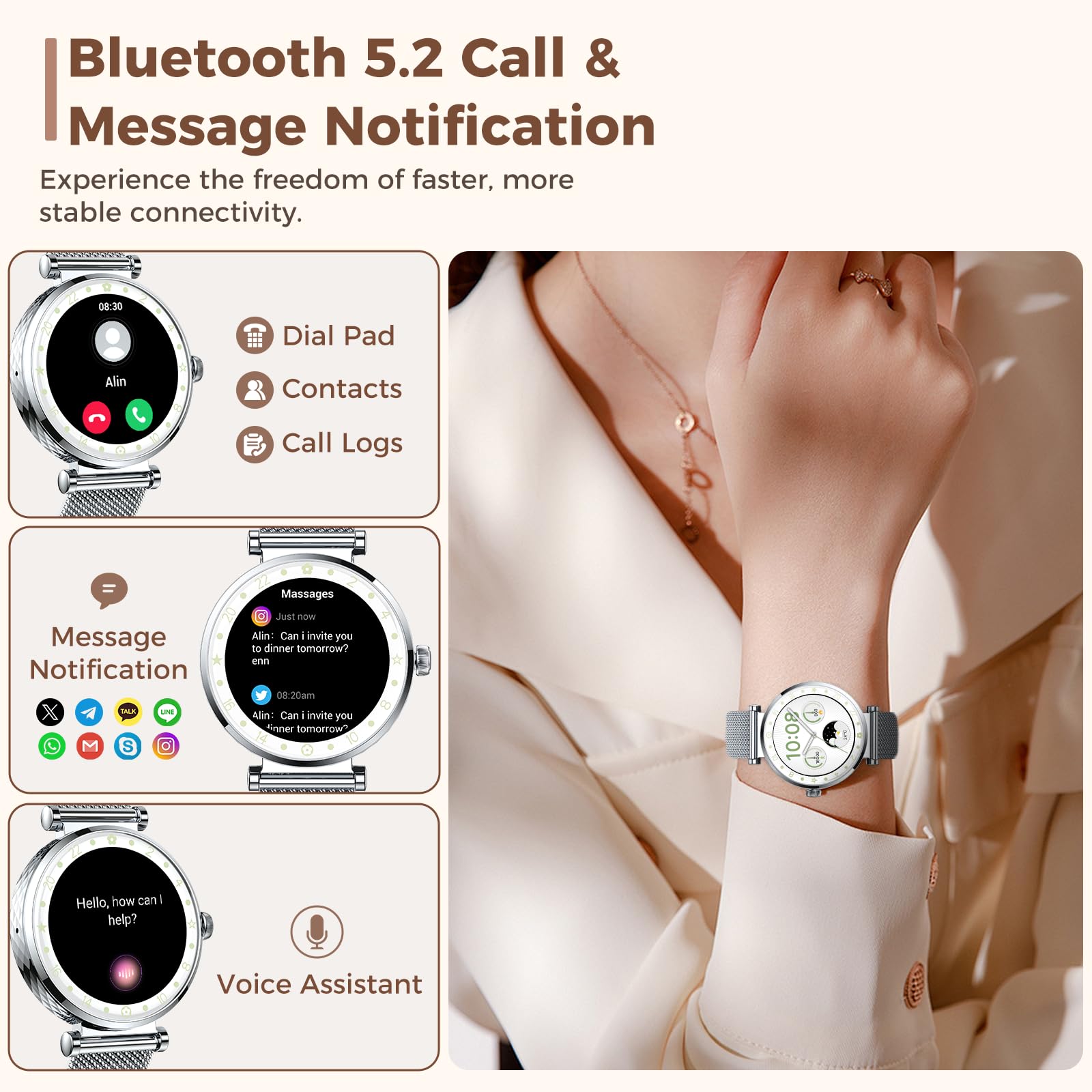 Matast Montre Connectée Femme Appel Bluetooth 1.19" AMOLED Smartwatch Santé Cycle Menstruel SpO2 Suivi Sommeil 110+ Modes Sport IP68 Étanche