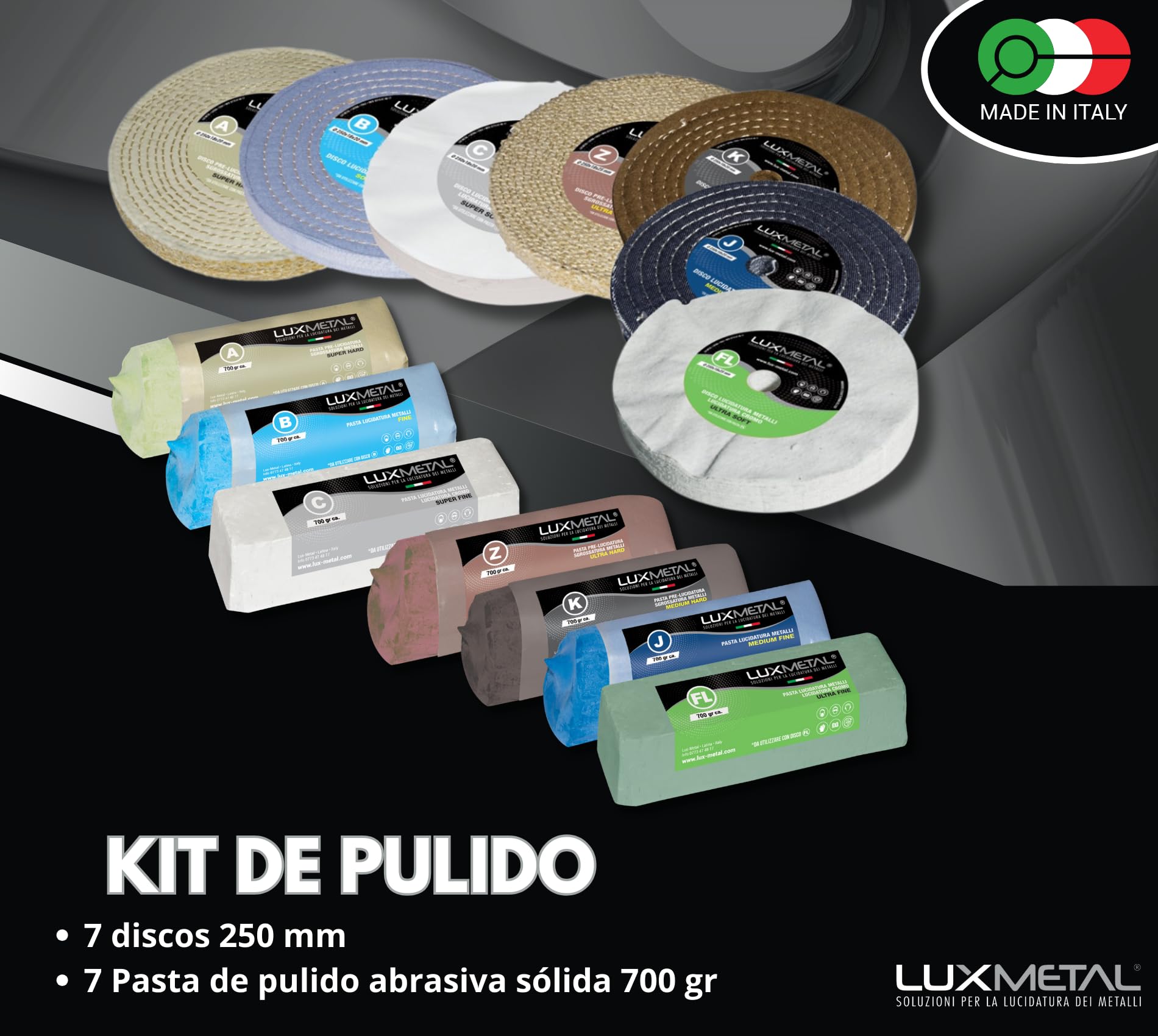Kit 7 Discos de Pulido de 250 mm y 7 Paste Abrasivas de 700 gr - Para Aluminio, Hierro, Acero Inoxidable, Bronce, Mármol - Rueda Pulidora de Metales para Muela, Esmeriladora, Fieltro.