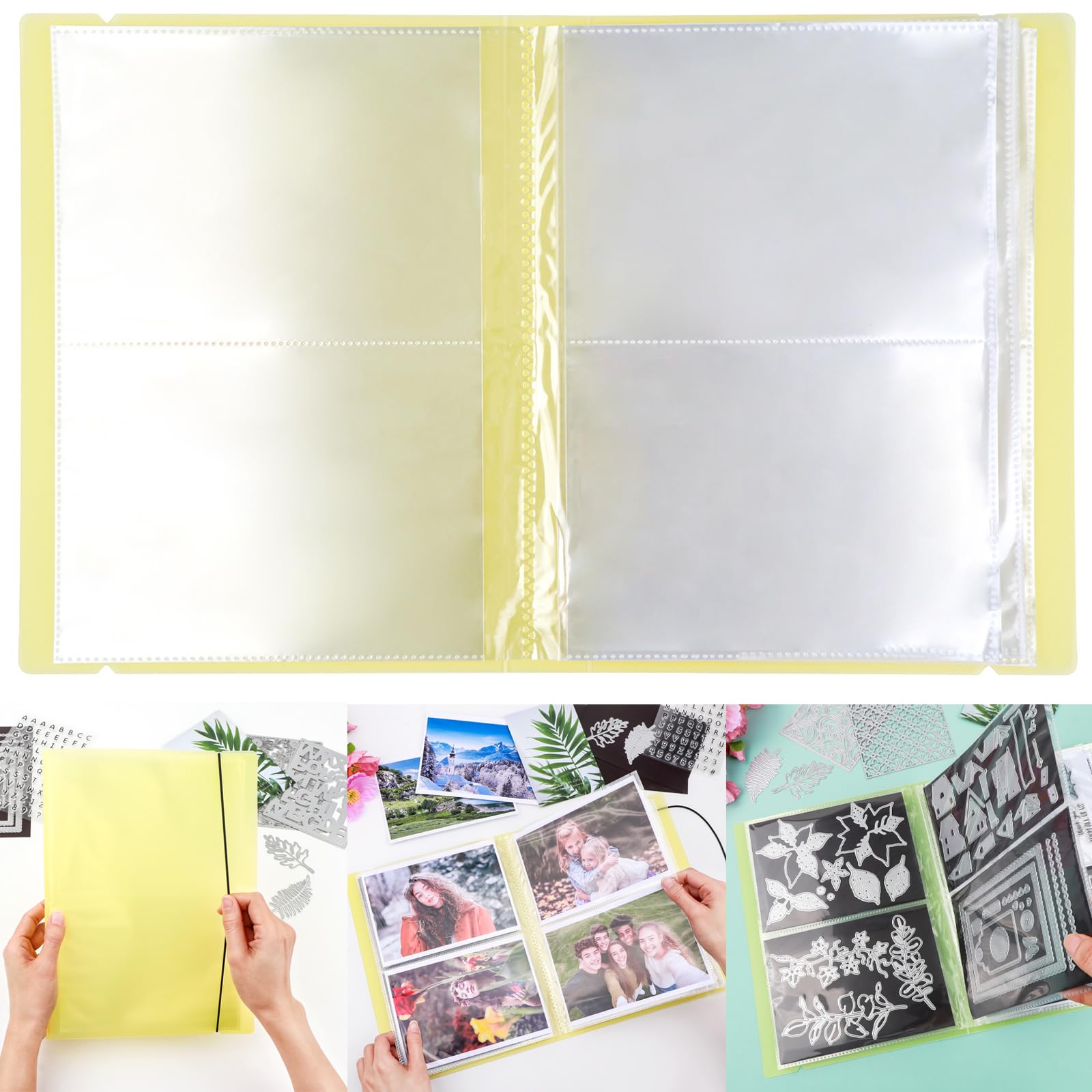 20 Pages / 80 Pockets Stamps and Dies Storage Album Book Organizer Folder Plastic Large Sticker Photo Storage Bags for Cutting Dies Stencil Stamp Crafts DIY Scrapbooking 7x5.1inch/Pocket (Yellow)