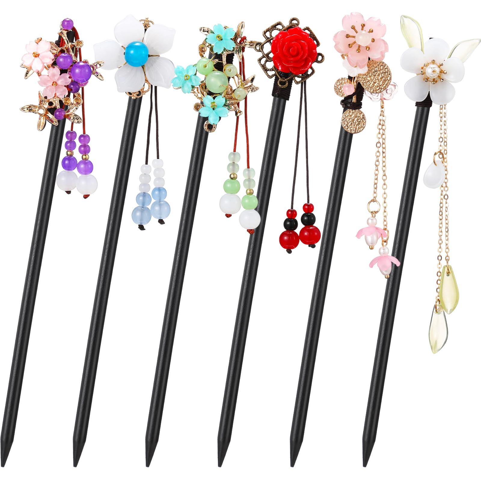 WILLBOND 6 Pcs Chinese Hair Sticks Japanese Vintage Wooden Chopsticks Accessories for Women Asian Floral Stick Classic Retro Tassel Flower Pins
