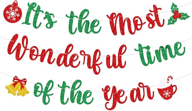 Its The Most Wonderful Time of The Year Banner,Glitter Pre-Strung Merry Christmas Banner with Christmas Bell Holly Berries Hot Cocoa Coffee Cup Sign for Winter Party,Happy Holidays Decorations