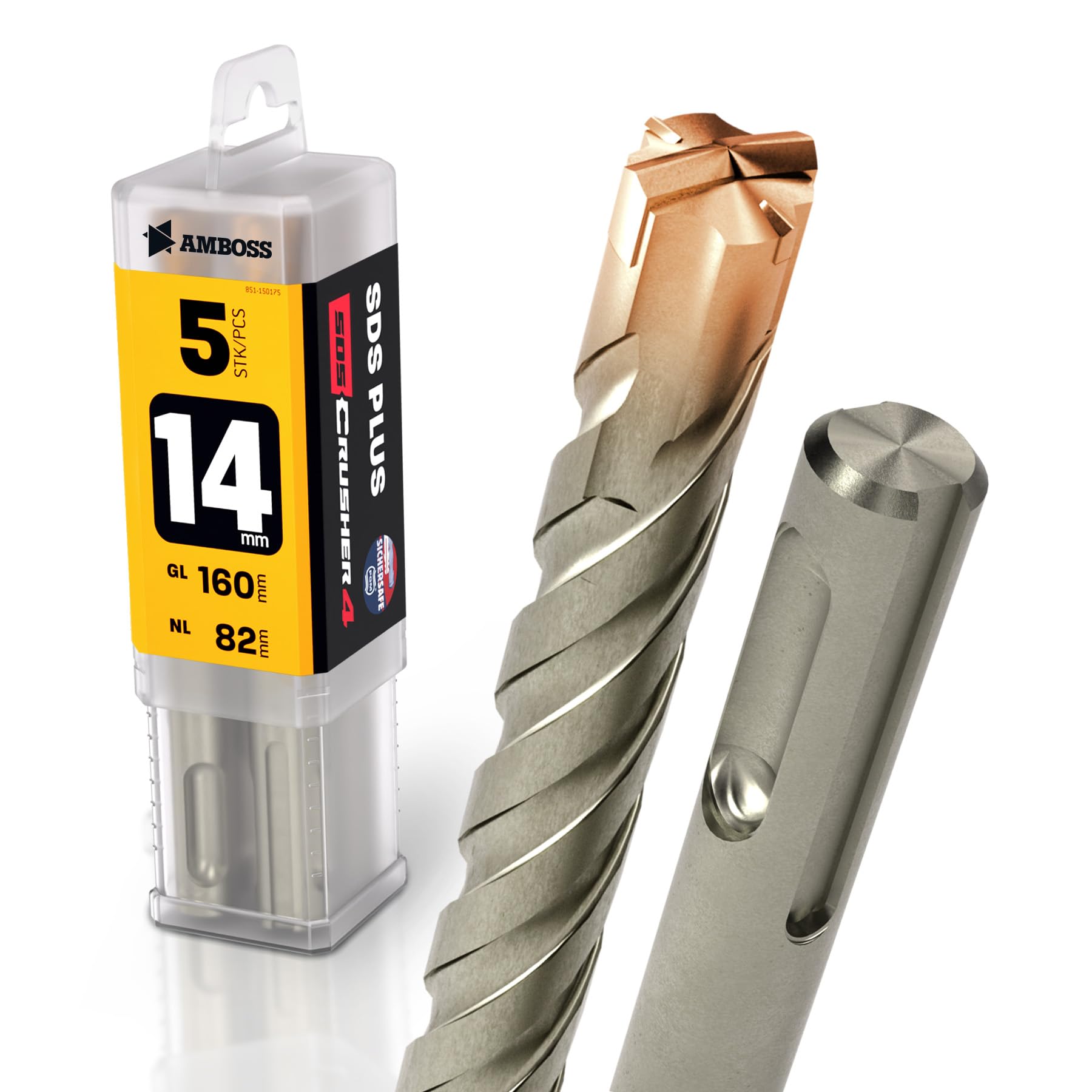SDS Plus - Broca para martillo perforador, 4 unidades, PGM, diámetro 14,0 mm x 82 mm, herramientas AMBOSS SDS Crusher 4 - Broca HM para hormigón, carburo duro, broca profesional, 14,0 mm x 82 mm,