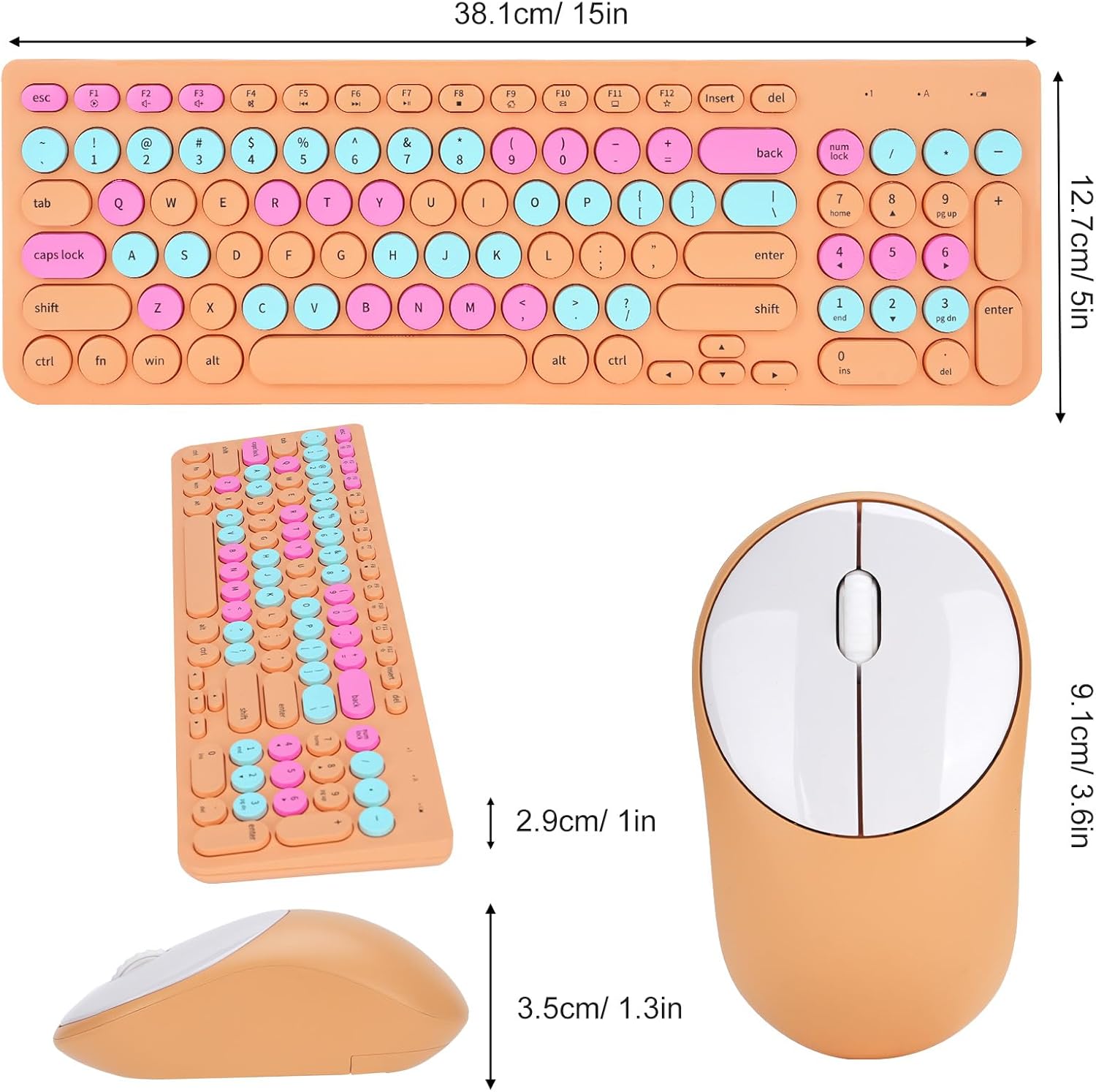 Wireless Keyboard and Mouse Combo, Retro Typewriter Keyboard with Round Keycaps, 2.4GHz USB Cute Wireless Keyboard Mouse for Computer, Desktop, Laptop and Computer (Orange Colorful)