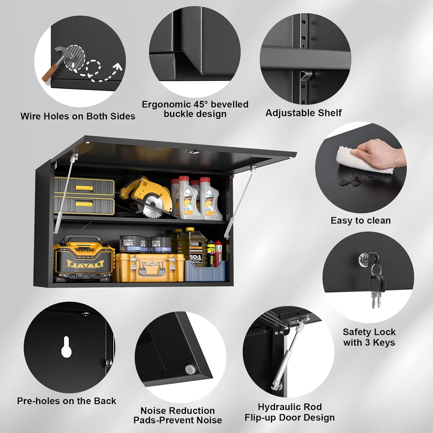 Detailed view of MetalMax 20 inch H Wall Cabinet components and features including hydraulic rods, adjustable shelf, lock, and wire holes.