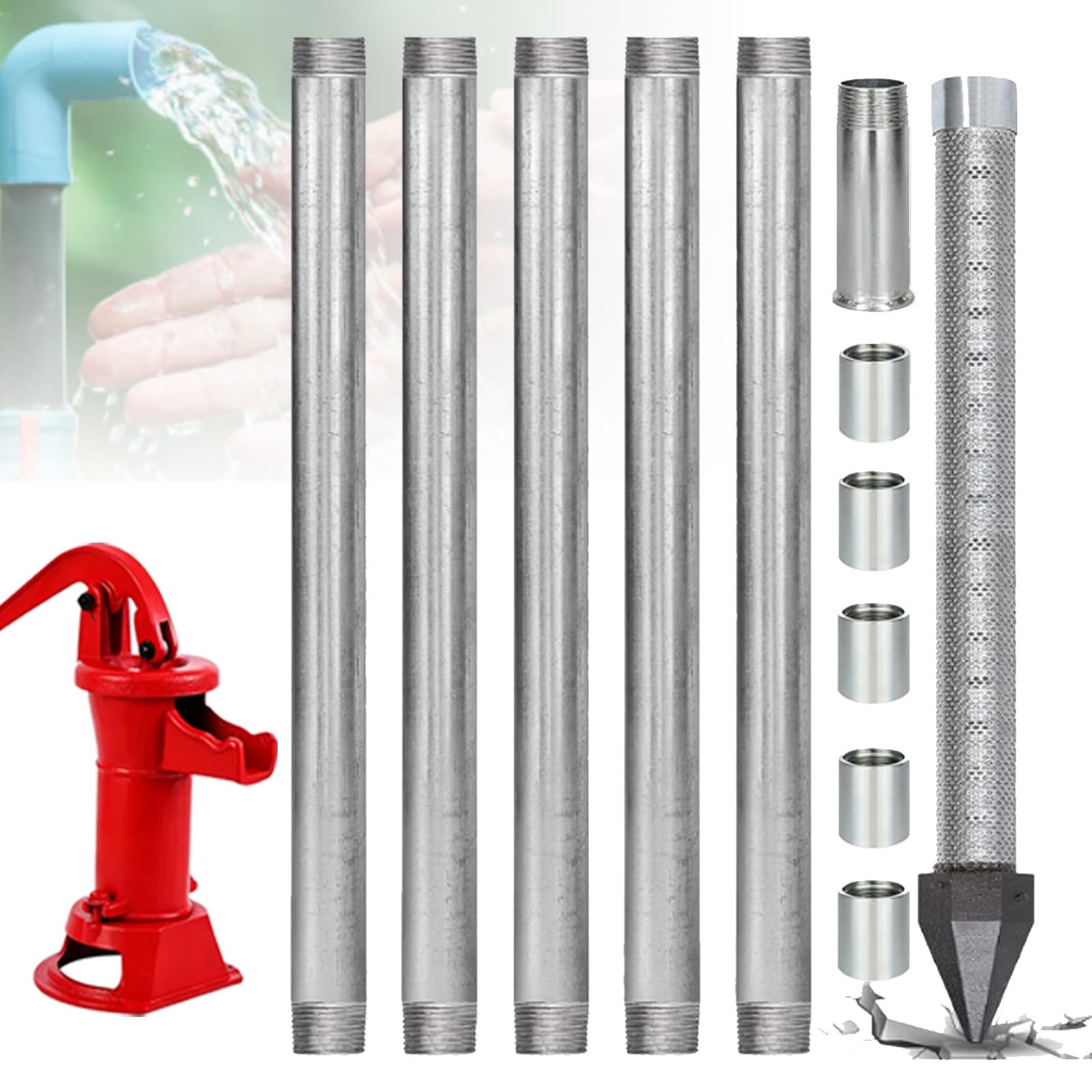 1-1/4" Stainless Steel Driven Point Well Kit, DIY Water Well Drilling Kit, with Galvanized Pipes and Drive Cap, for Garden Irrigation, Backyard Wells, and Emergency Water Supply 6M-WithWaterPump