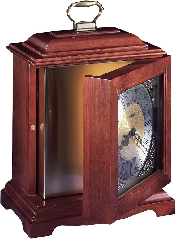 Howard Miller Continuum II Mantel Clock Urn Box 800-122 Windsor Cherry Finish, Select Hardwoods & Veneers, Bracket-Style Roman Numeral Clock, Interior Compartment, Funeral Urn Box