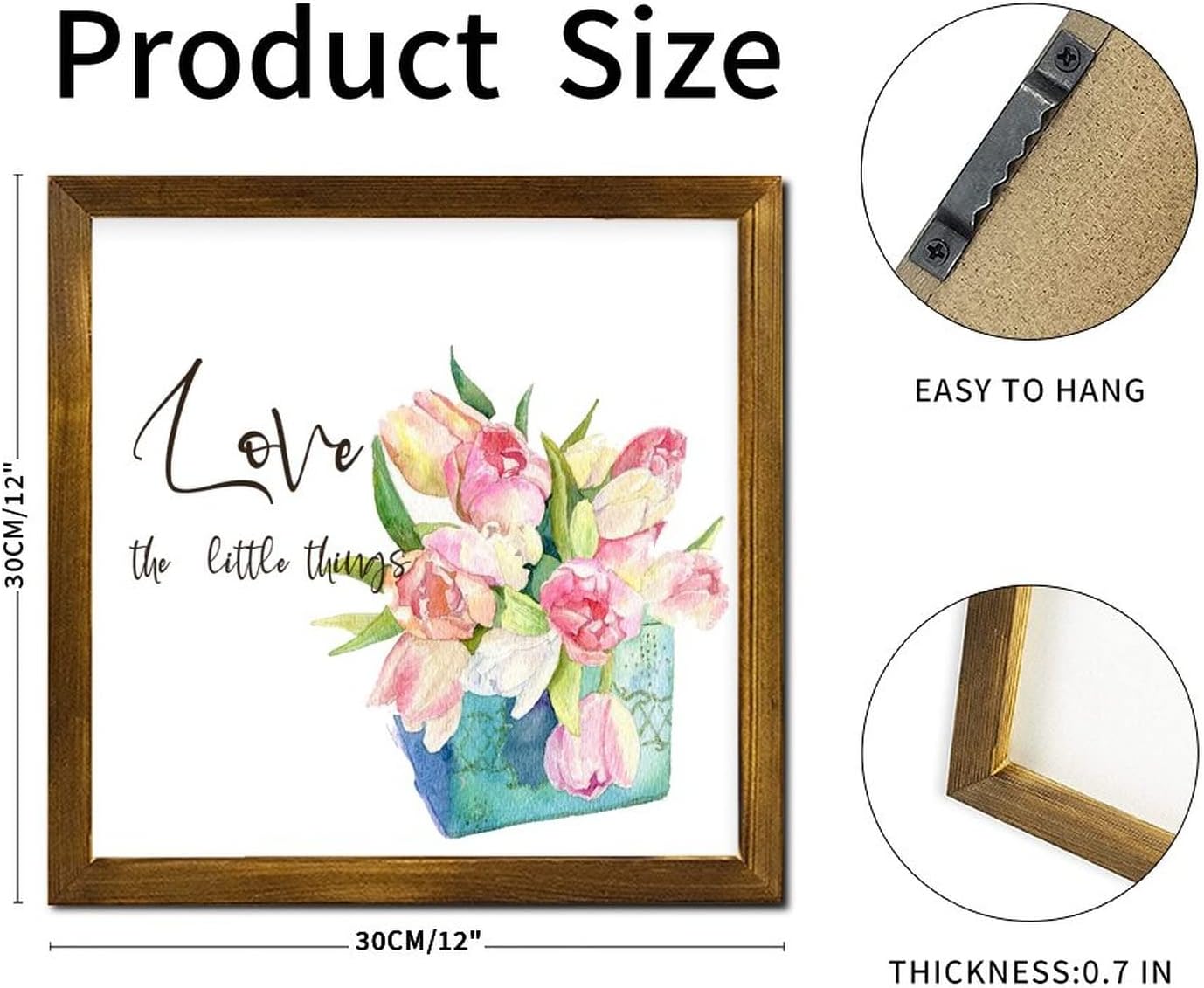 Love The Little Things Wooden Framed Sign Spring Rose Flower in Vase Wooden Wall Hangings Classic Nature Plants Wall Art Hanging Farmhouse Decoration Plaque for Bedroom Living Room Home 12x12 inch