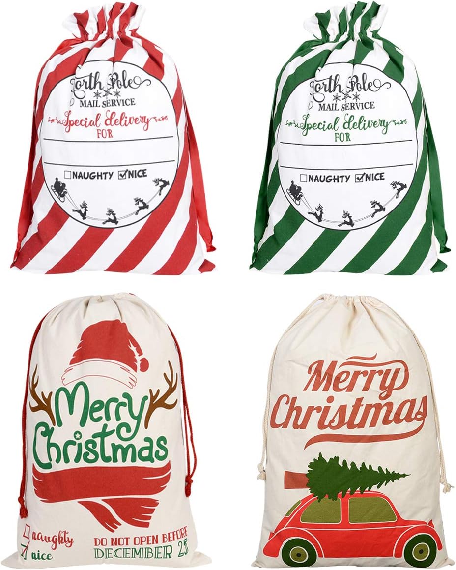Faylapa 4 Pcs Large Santa Sacks,4 Patterns Canvas Christmas Stocking with Drawstrings,Reusable Designs,19.7 X 27.5 Inch Xmas Present Bag