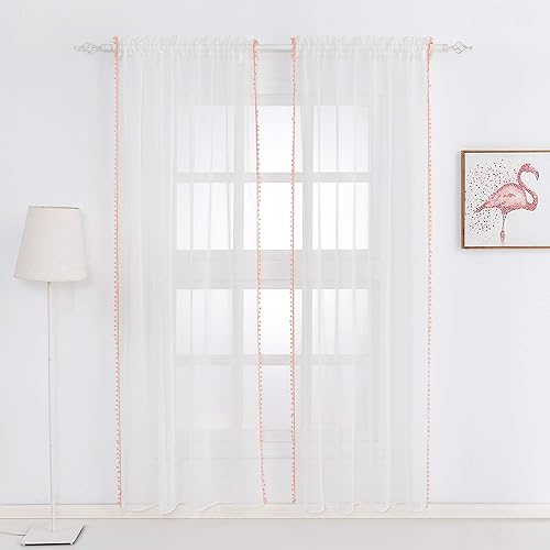 Miniatura 7 de Selectex - Cortinas de gasa semitransparentes con diseño de cenefa de borlas, con bolsillo para barra, para sala de estar o habitación, juego de 2