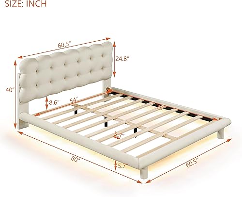 Miniatura 279 de Base de cama flotante tamaño Queen con luces LED y carga USB, marco de cama LED de plataforma tapizada moderna, no necesita somier (blanco-1)