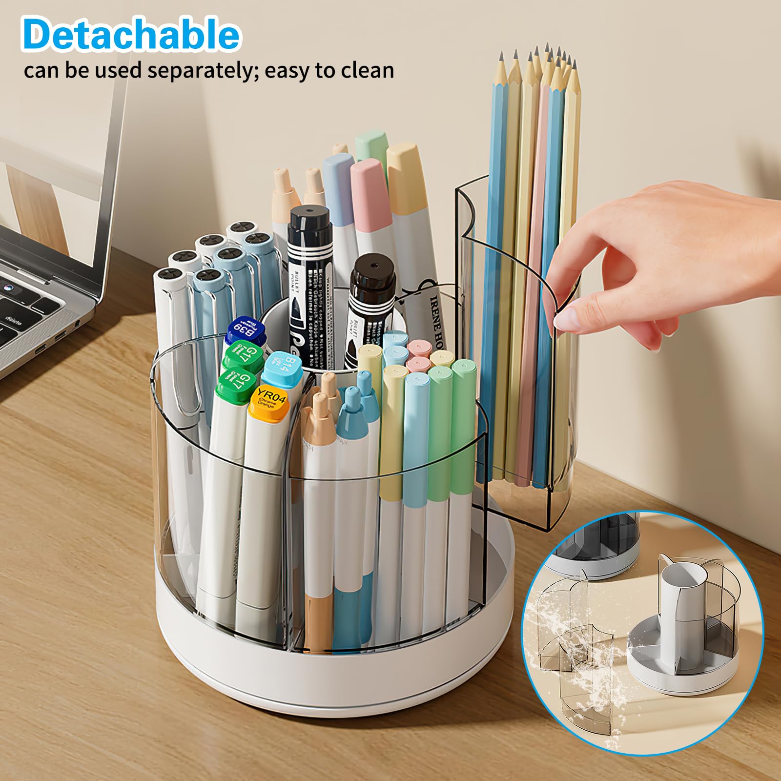 Marte Vanci Pen Pencil Holder for Desk Pen Pot 360° Rotating Stationery Organiser Desktop Tidy Organiser Makeup Brush Holder Detachable Pencil Cup 6 Slots for Home Office School Art Supplies Storage - Image 4