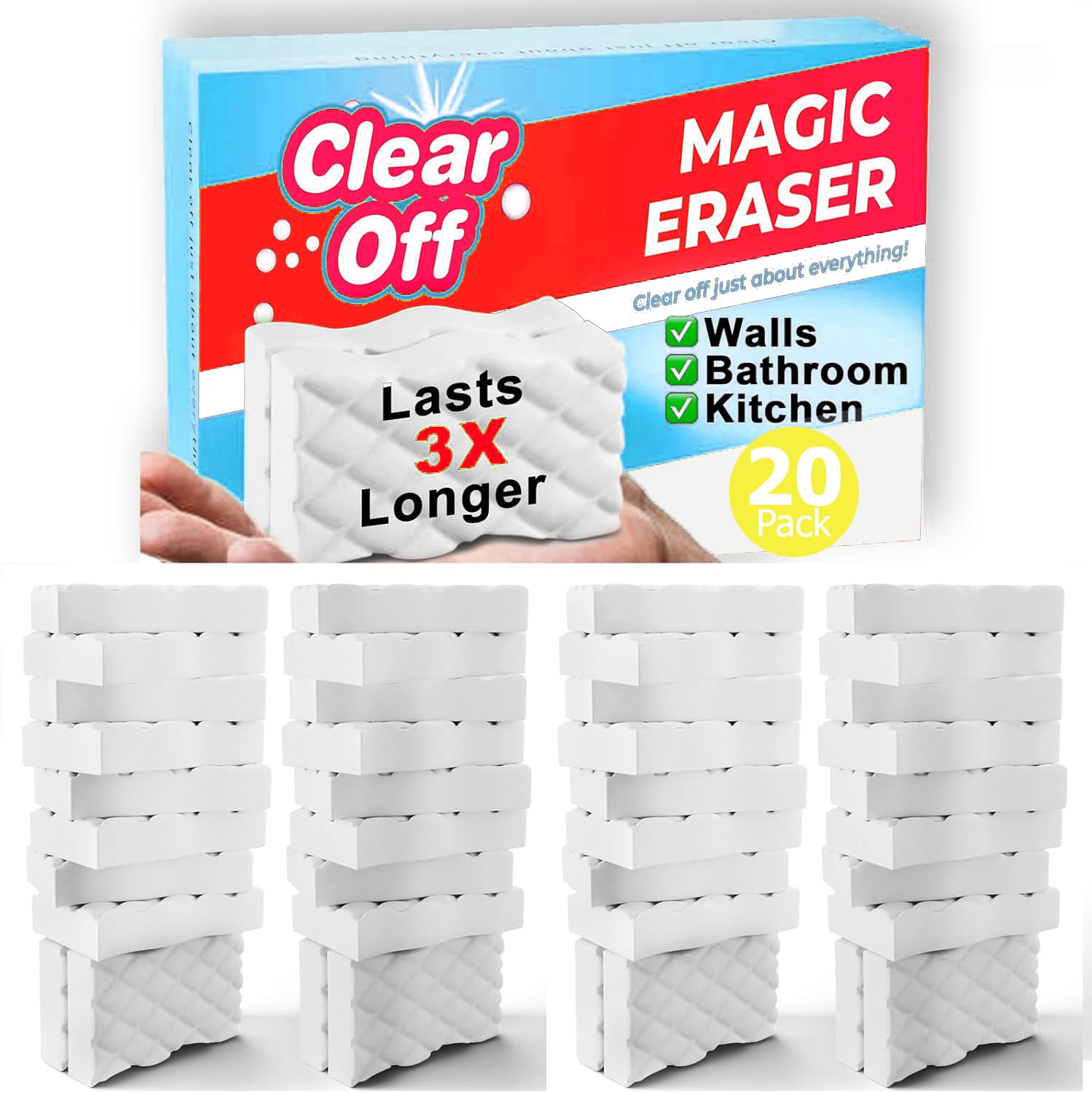 20 Pack Upgraded Magic Sponge Eraser Extra Large Super Powerful - Melamine Sponge for All-Purpose Cleaning, Oven Cleaner, Wall Cleaner, Dish, Kitchen, Baseboards, Sink, Sneaker, Car, Bathroom