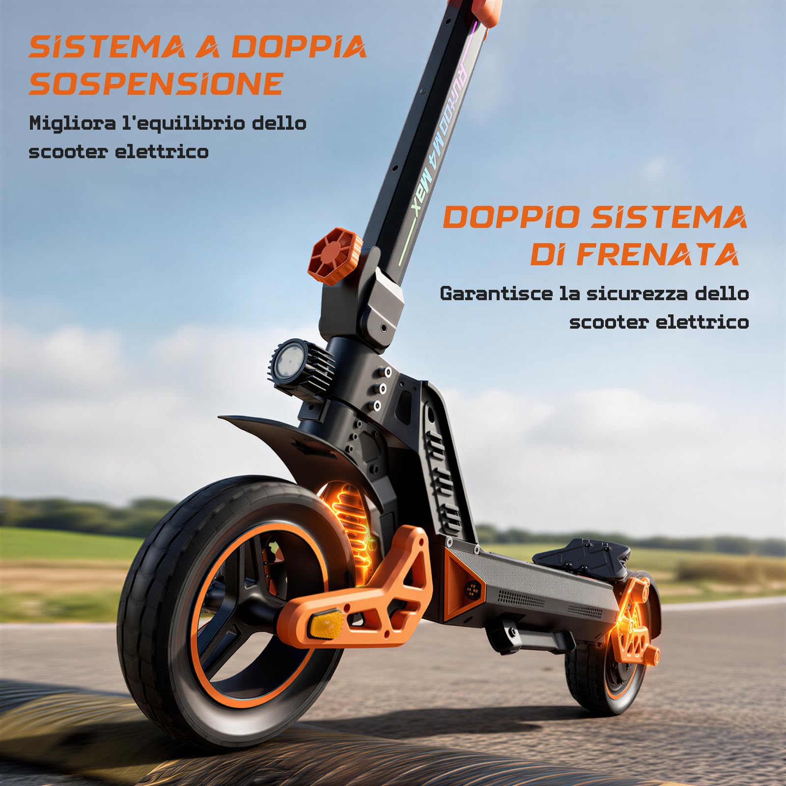 M4 Max Monopattino Elettrico Pieghevole, Autonomia 55km, Ammortizzatore Idraulico Ant., Freno a Disco, Luci LED Full, 3 Velocità, Ruote 10", 120KG, Batteria 48V 15,6Ah