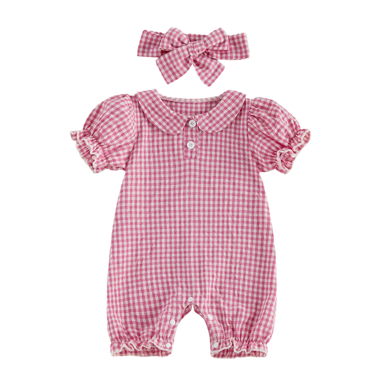 Infant Baby Girl Outfit Peter Pan Collar Short Sleeve Romper Jumpsuit Gingham Onesie Newborn Summer Clothes Headband