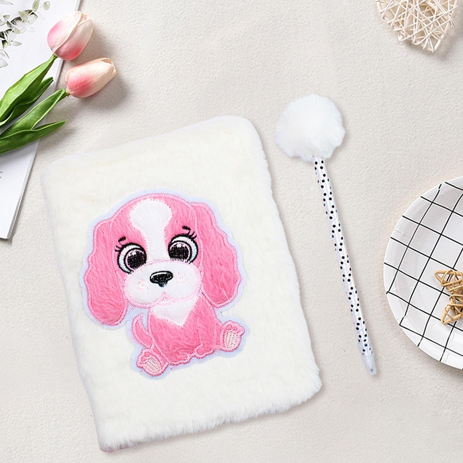 Carnet Peluche Cahier Agenda Carnet de Notes Couverture Douce Peluche Yeux Mobiles Brodés Écriture Lisse Stylo Adapté pour Maison École Cadeau Enfant, Chiot Blanc