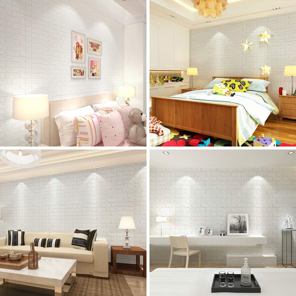 Melairya 3D Wandpaneele 20-tlg - Selbstklebende Ziegeltapete 35x30cm Weiß PE-Schaum