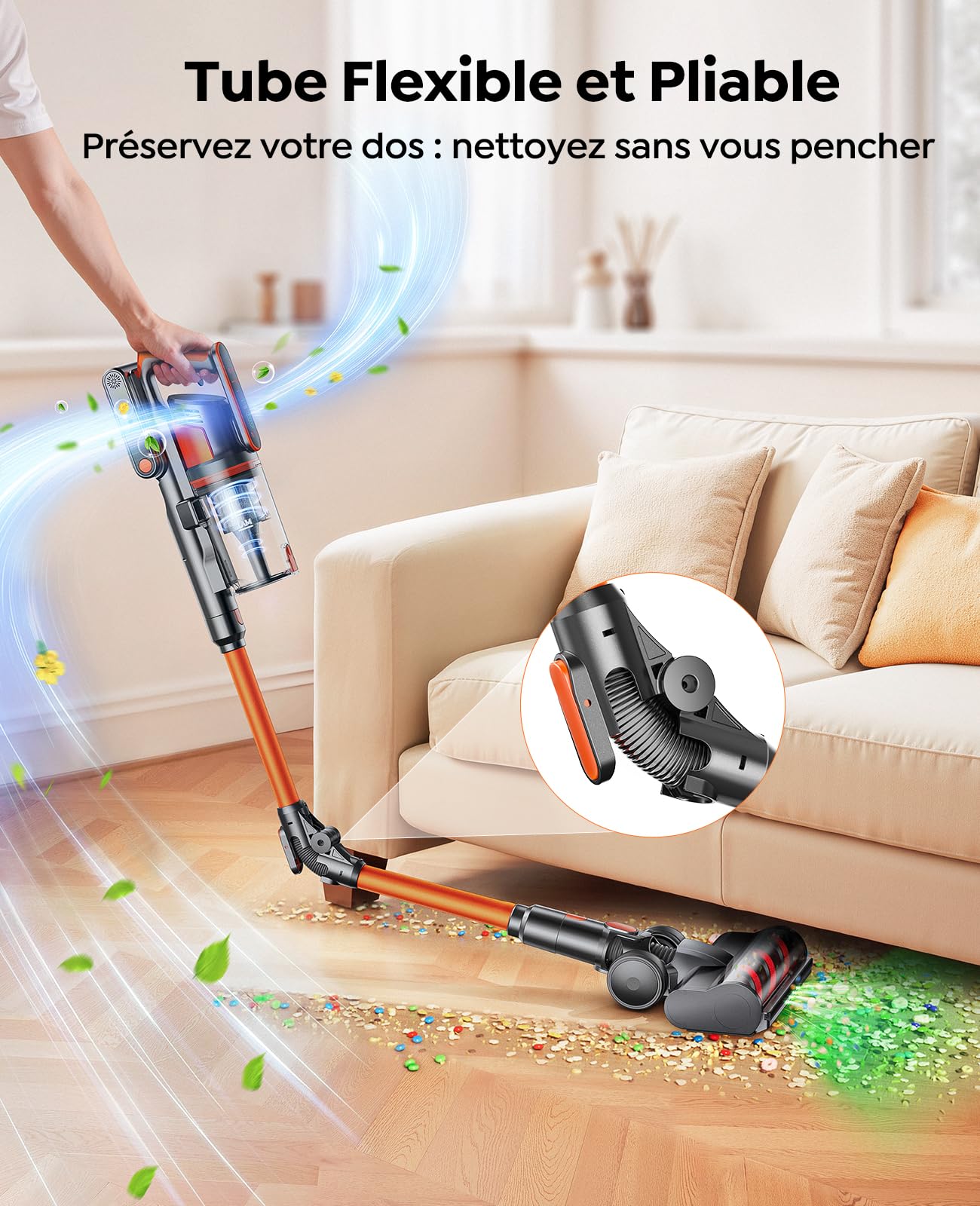 Fieety Aspirateur Balai sans Fil, 50kPa/600W/65Min Aspirateur sans Fil Puissant avec Tube Pliable Parfumé Mode Automatique Tuyau Extensible 1m pour Poils d'animaux, Tapis, Sols Durs et Voiture