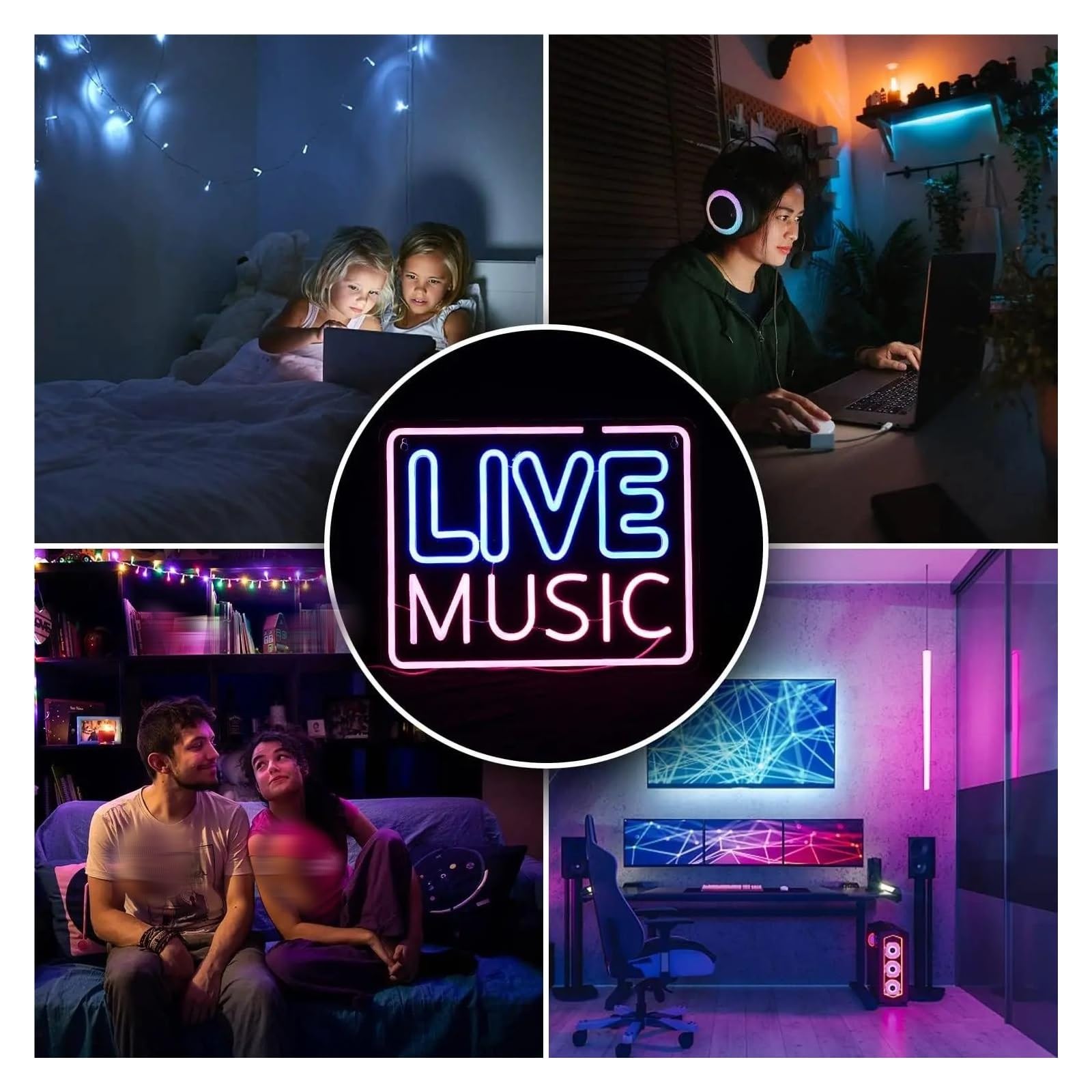 Luci al Neon Da Parete Insegna Al Neon "Live Music"Con Scritta Rosa E Blu, Decorazione Da Parete A LED Per Camera Da Letto, Sala Giochi, Club Musicale, Bar, Studio, Feste,32x40cm