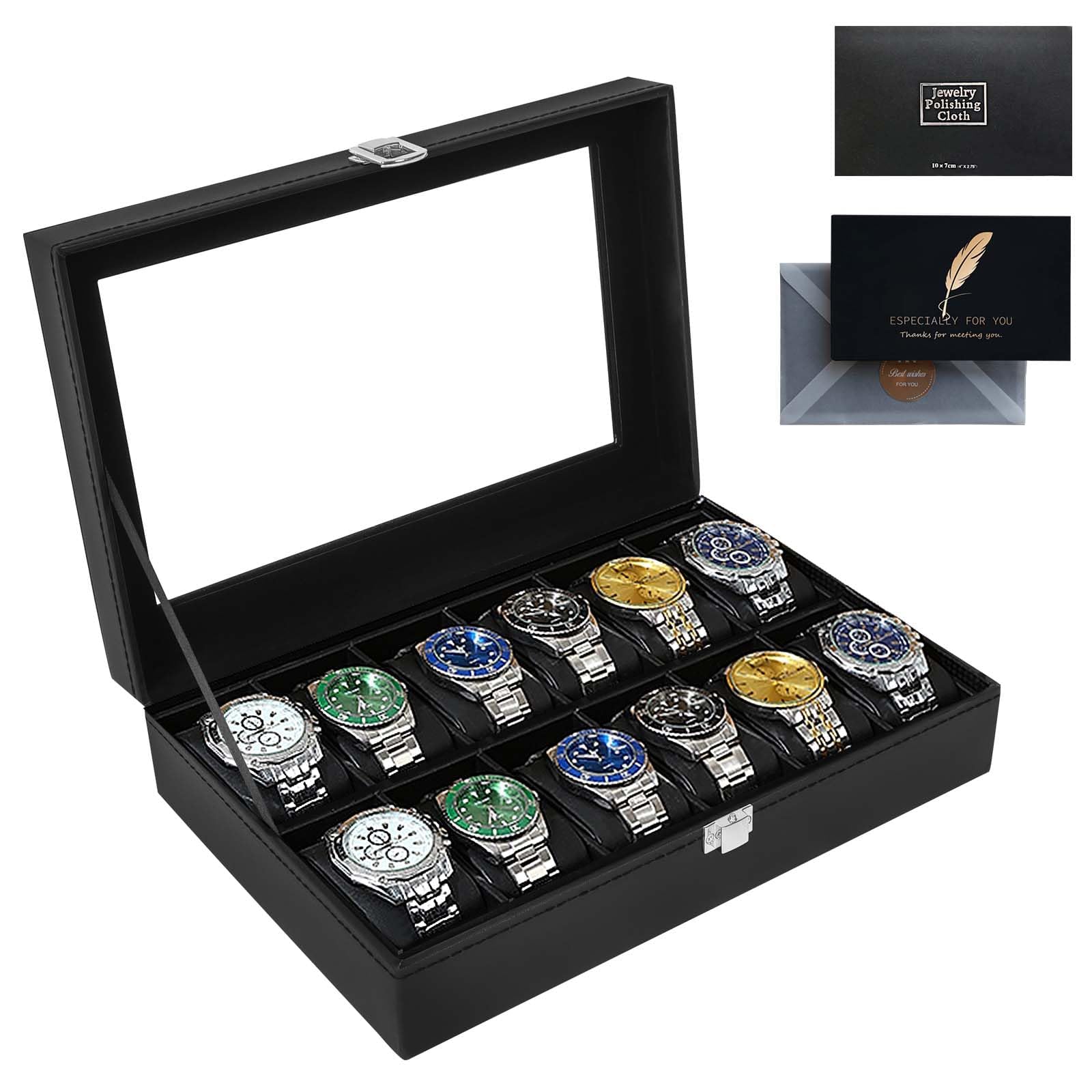 Boîte à Montres à 12 Emplacements, Coffret à Montres,Présentoir à Montres,avec Couvercle en Verre,Coussinets Amovibles,Cadeau pour Homme,Boîte Rangement Montre pour Hommes Femmes,Noir