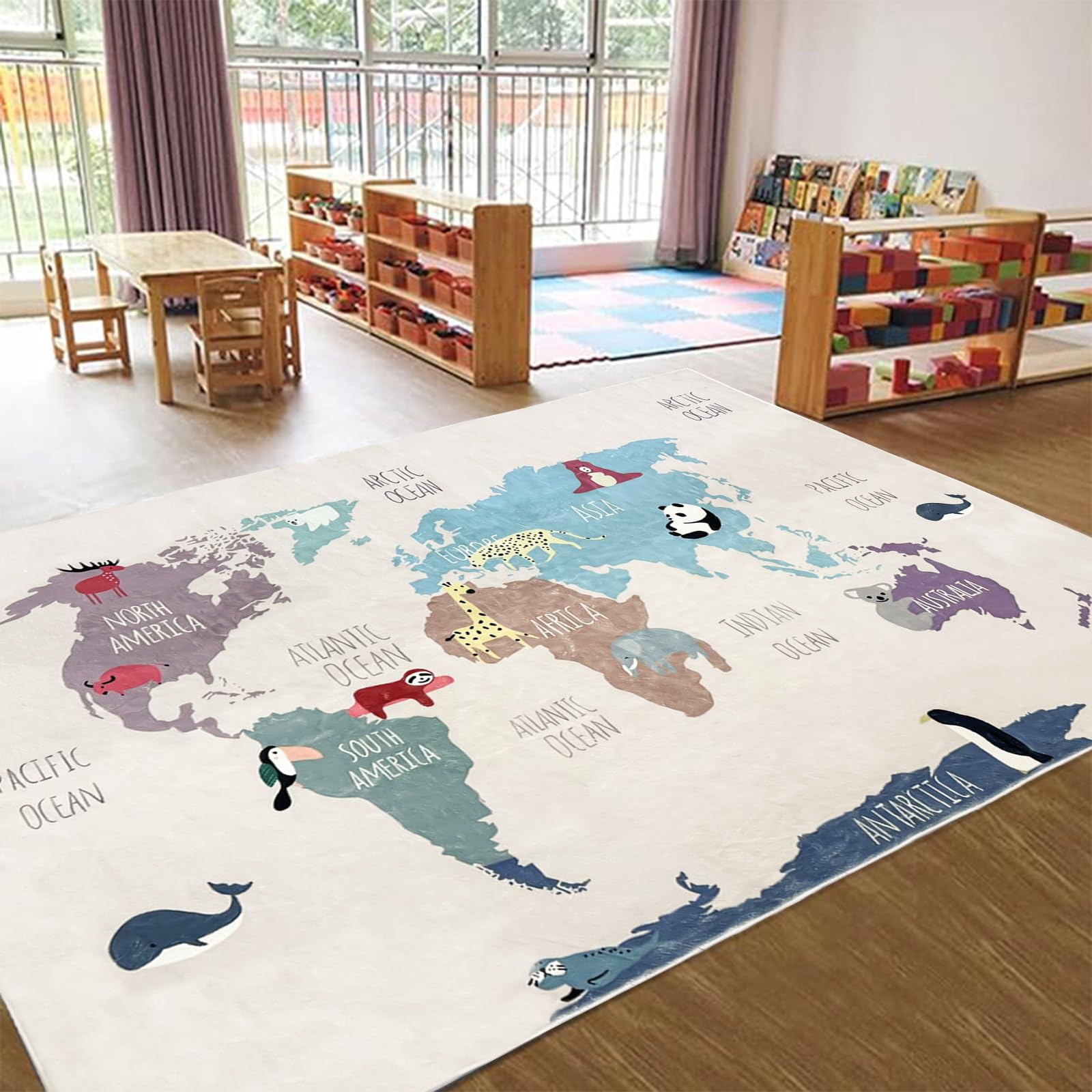 USTIDE Kids Area Rug Pink Rug World Map Cute Animal Rugs Educational Floor Carpet for Boy Girl Machine Washable Area Rugs for Living Room Bedroom