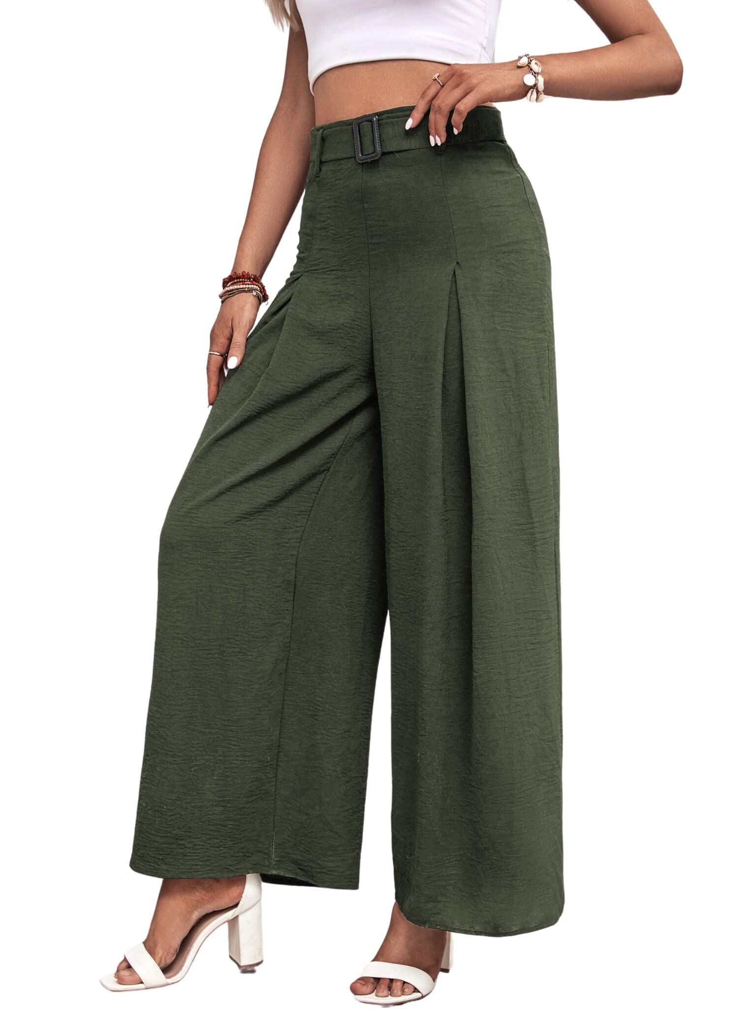 CHARTOU Womens Summer Casual High Waist Pleated Wide Leg Pants with Belt