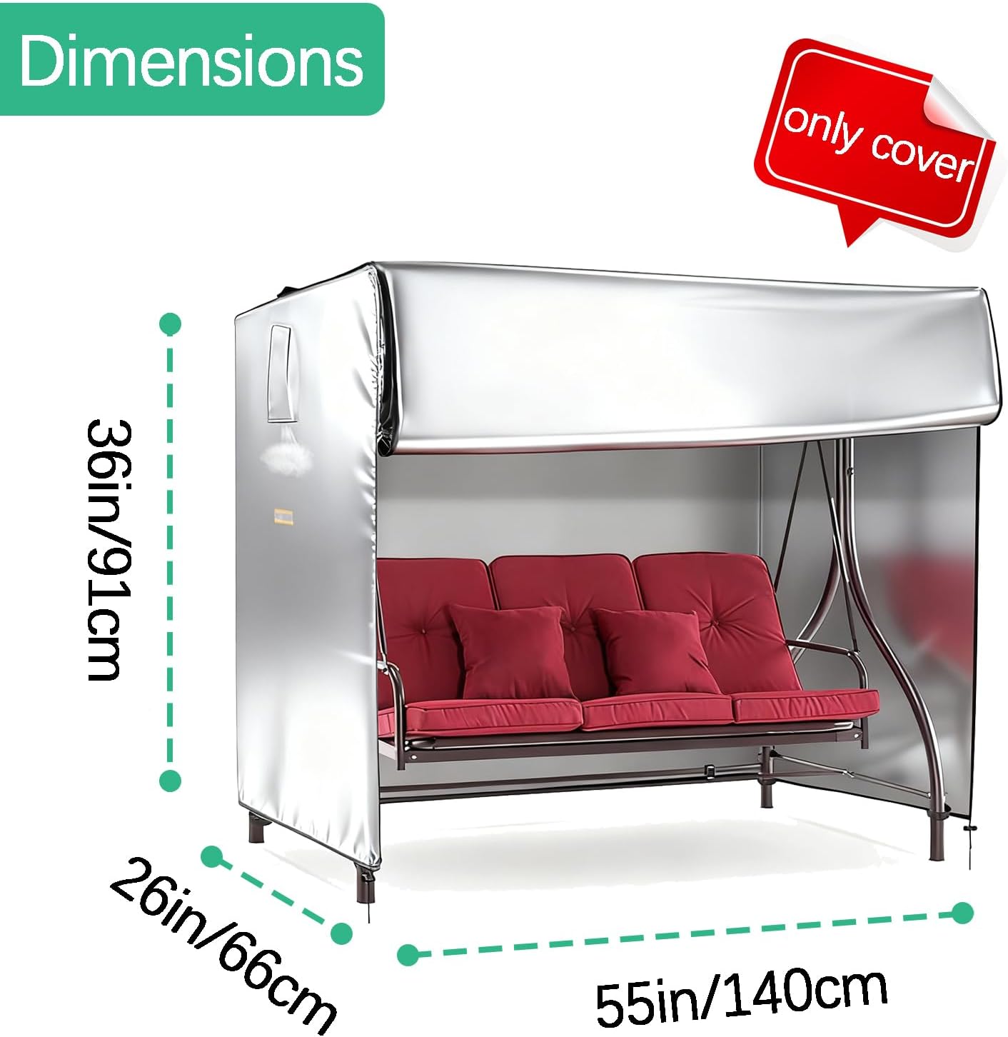 Outdoor Swing Cover Waterproof 600D Heavy Duty Garden Hammock Glider Chair Cover for Patio Swing/Outdoor Furniture Porch Reflective Handles Cover Only,Silver,55×26W×36in