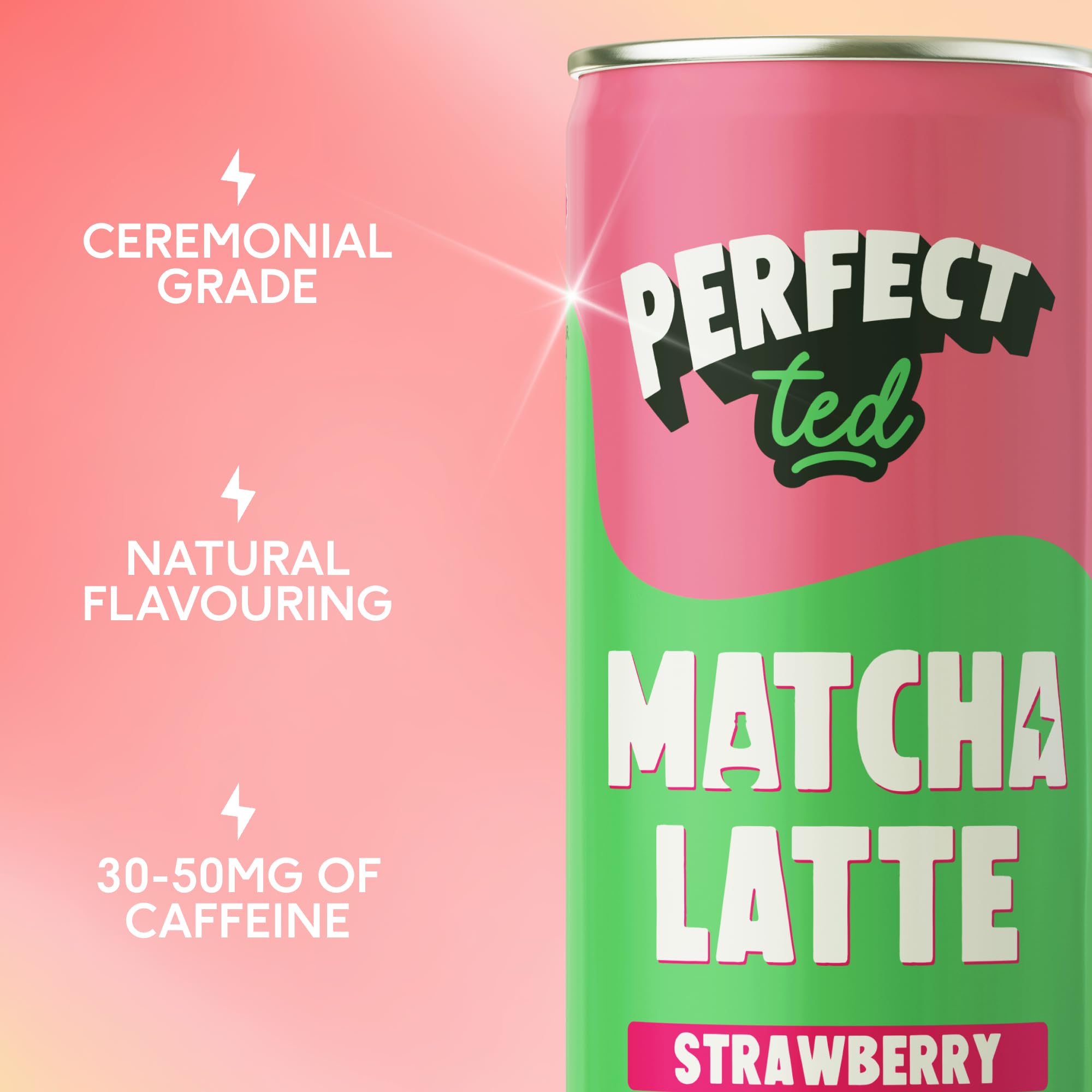 PerfectTed Matcha Latte (Pronto da Bere), Matcha di Grado Cerimoniale, 12 Lattine da 250ml, Pronto da Bere con Avena Senza Glutine | Morbido e Cremoso | Senza Latticini (Fragola)