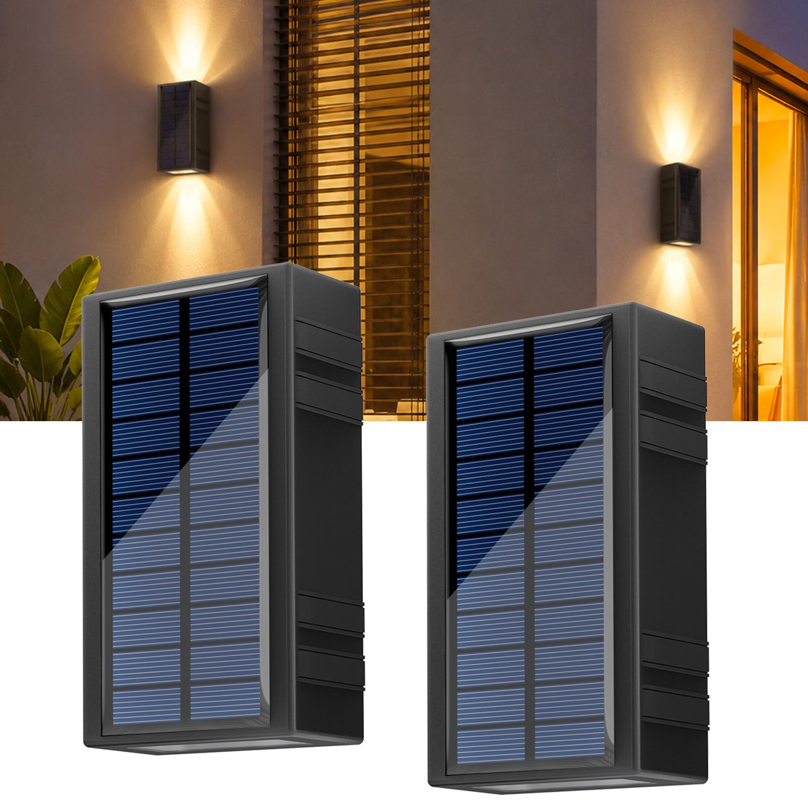 Lacasa Luce Solare LED Esterno, 2 Pezzi Lampada Solare da Parete 2 Modalità | 2 Colori: 2700K/6500K, IP65 Impermeabile, Up & Down Luce, Auto On/Off, Esterni Luci Solari per Giardino Garage Veranda Patio