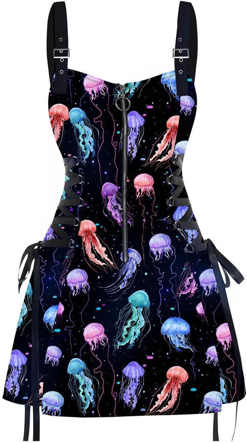 DRESSFO Women’s Gothic Buckle Strap Mini Dress – Lace Up Zipper Dress in Multiple Prints