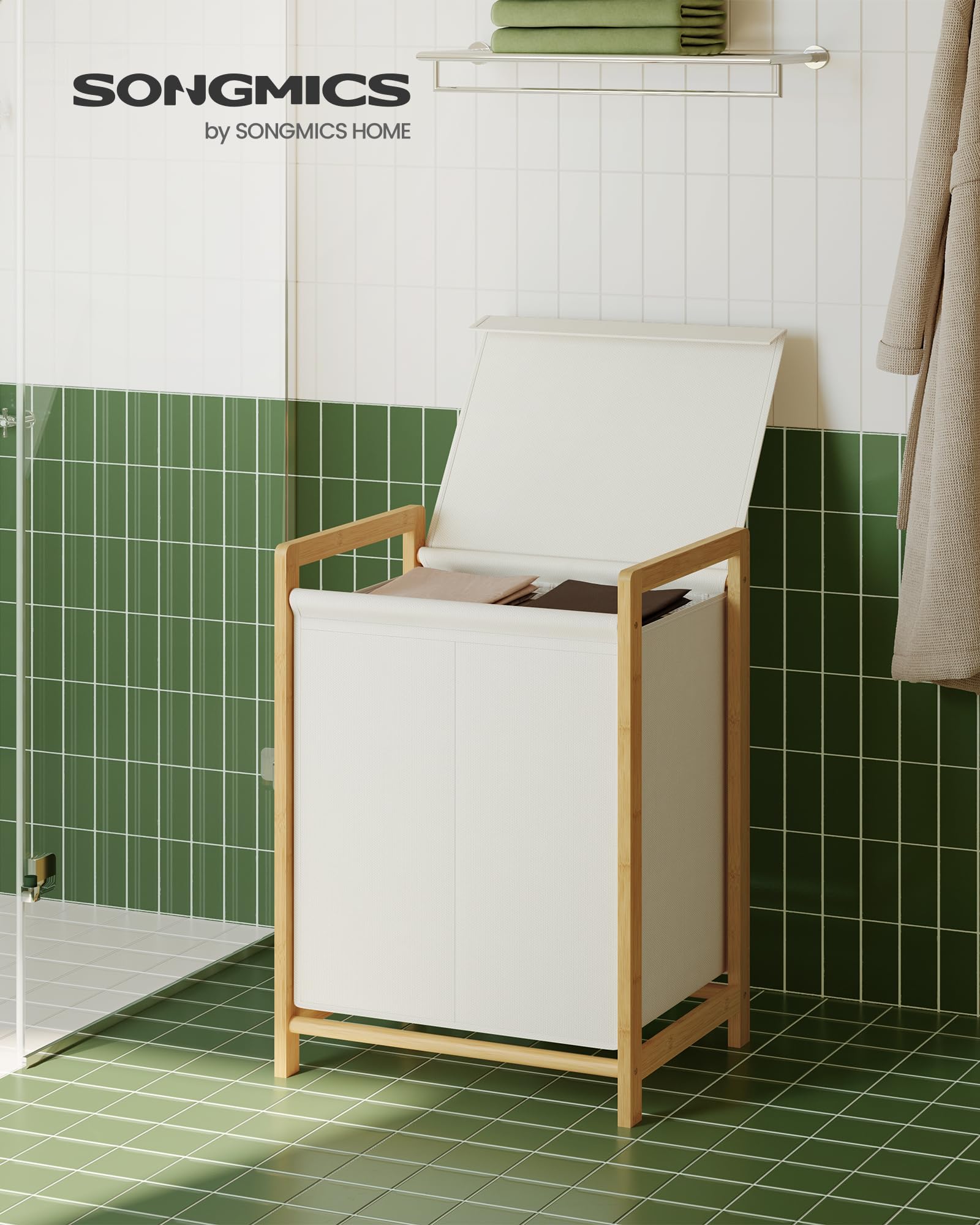 SONGMICS Cesto para Ropa Sucia de 2 Compartimentos, Marco de Bambú, Tapa Reforzada y Extraíble, Bolsa Interior Desmontable, 100 L, Blanco Crema RLH102WD01