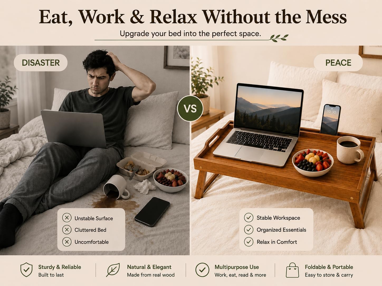 Acacia Wood Large Bed Tray for Food & Laptop with Phone & Tablet Holder