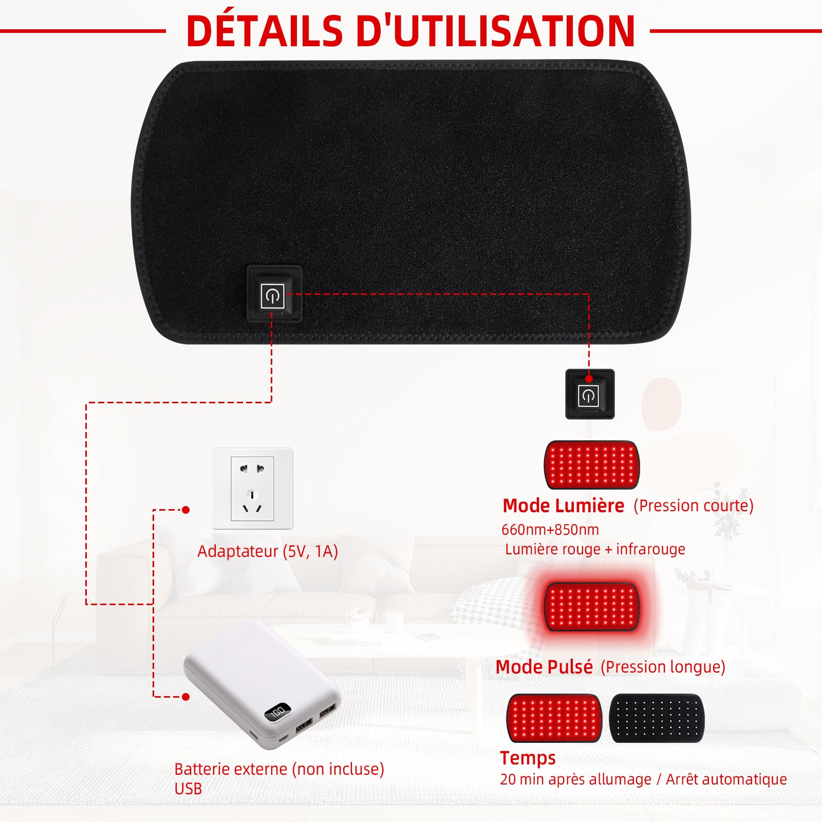 Ceinture lumière rouge Tunansx, infrarouge proche douleurs dorsales, enveloppe LED 660nm 850nm, dispositif lumière rouge portable genou articulations, cadeau bien-être maison hommes femmes