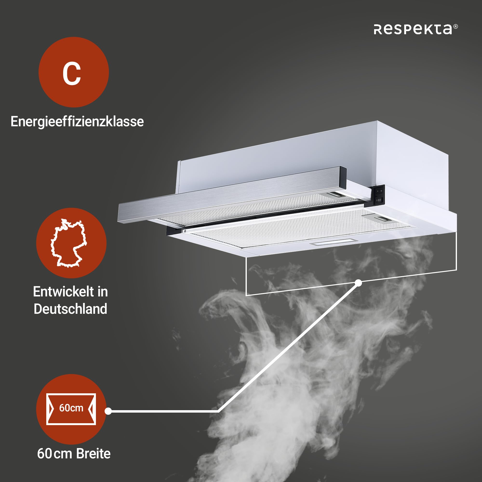 Respekta Dunstabzugshaube 60 cm Edelstahlgehäuse Weiß Abluft Umluft CH4138IXC 53–64 dB
