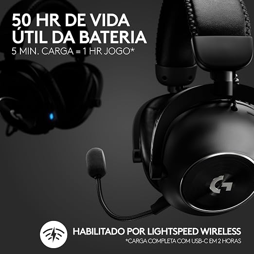Destaque para a bateria de 50 horas e carregamento rápido via USB-C do headset