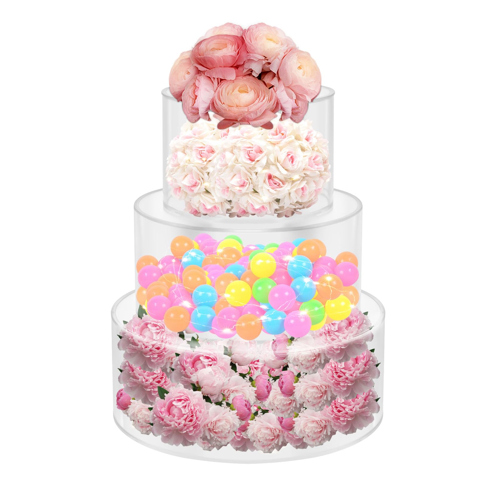 Acryl füllbar Kuchen Stand Runde Zylinder Display Riser Display Box Mittelstück Kuchen- und Dessertständer Clear Acrylic Cake Stand für Hochzeit Geburtstag Party mit LED-Lichtstreifen (6+8+10inch)