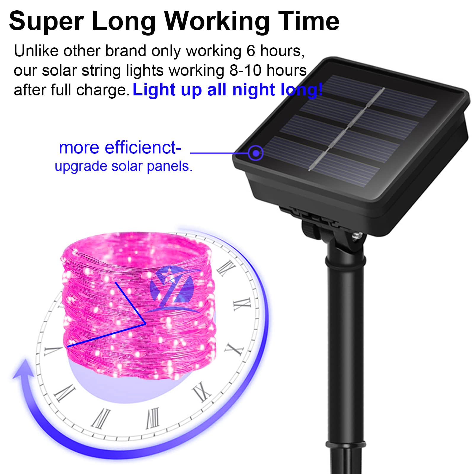 Guirnalda de luces solares de Navidad rosa para exteriores, impermeable, 100 LED (paquete de 2) 8 modos de cadena de luces de cobre para el día de San Valentín, jardín, patio, valla, balcón,