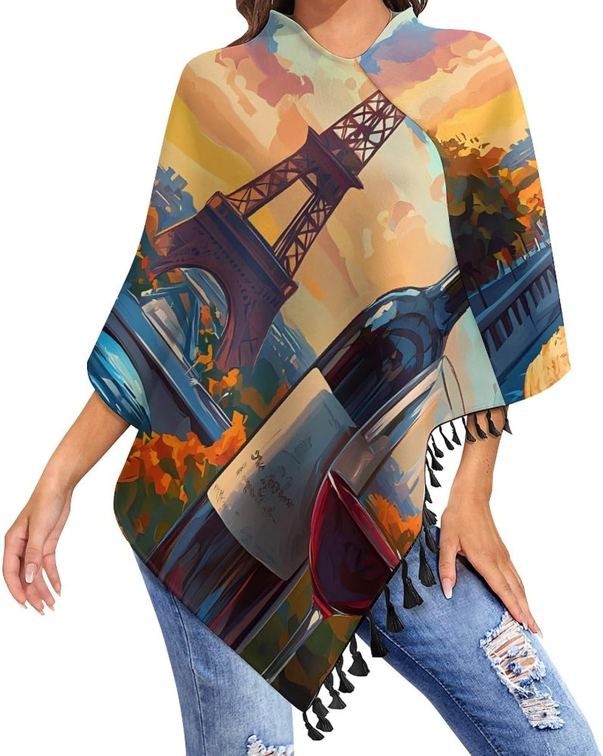 French Bread Wine Bottle Eiffels Tower Women's Scarf Shawls Wraps Tassel Cape Top for Evening Dress Wedding Warm Scarves