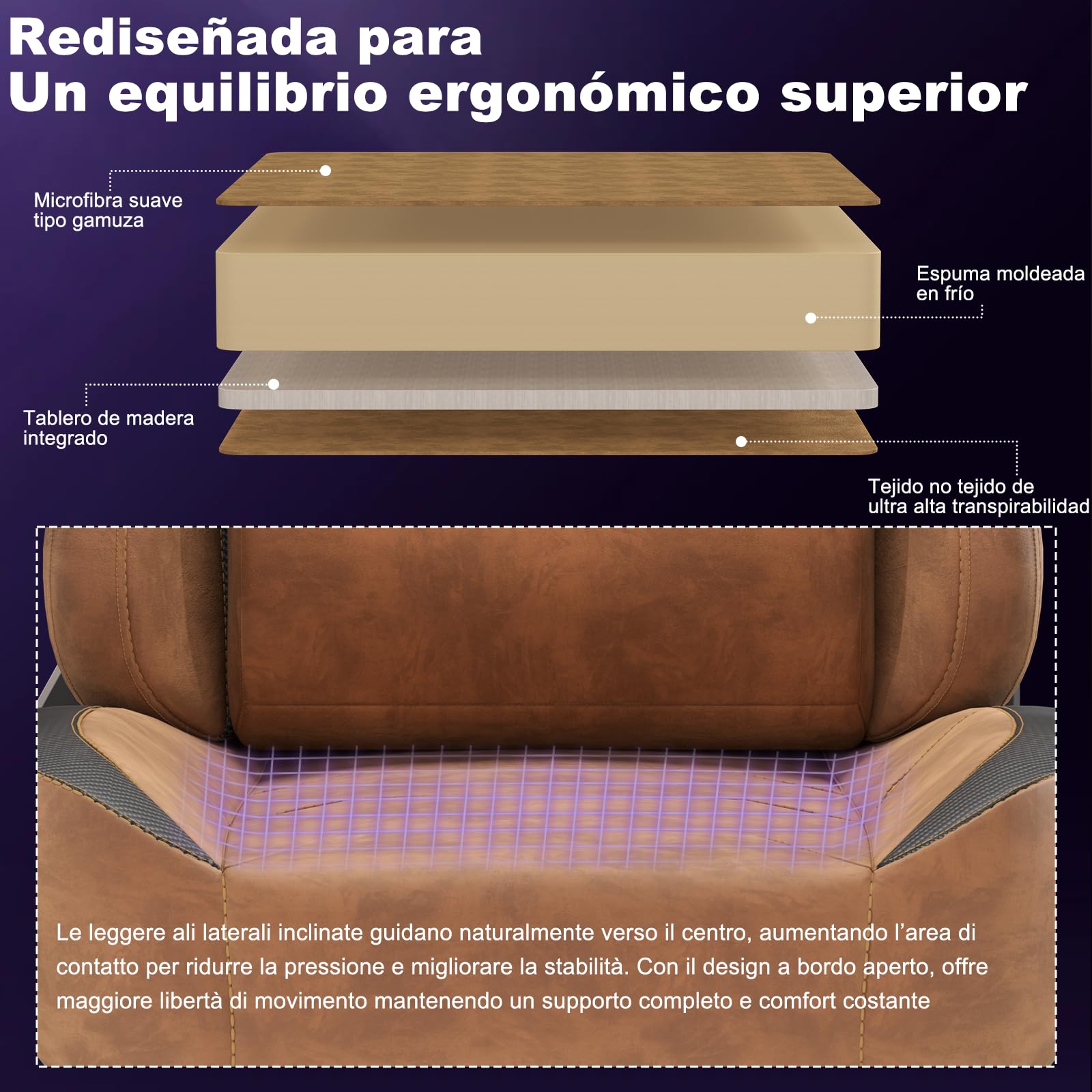 Devoko Silla Gamer Ergonómica para Adultos, Tapizada en Gamuza con Detalles de Cuero Carbono, Reposabrazos 3D, Espuma de Alta Densidad, Base Metálica Estable, Marrón Canela