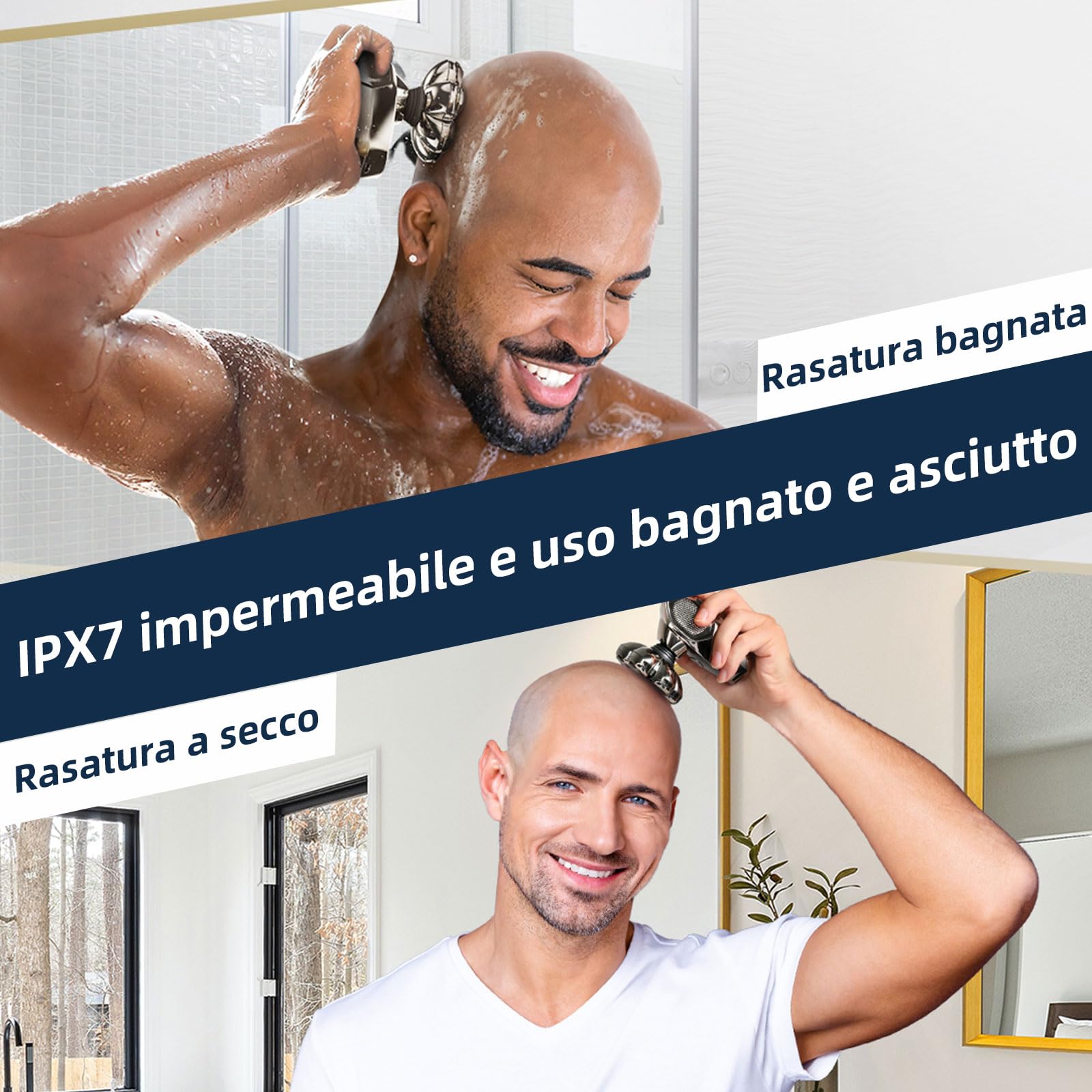 Rushmore Rose USA Rasoio Elettrico Barba Uomo 6 in 1, Rasoio Testa Calva con 7 Testine Rotanti, Impermeabile IPX7, Ricarica USB, Schermo LED Intelligente, Grigio