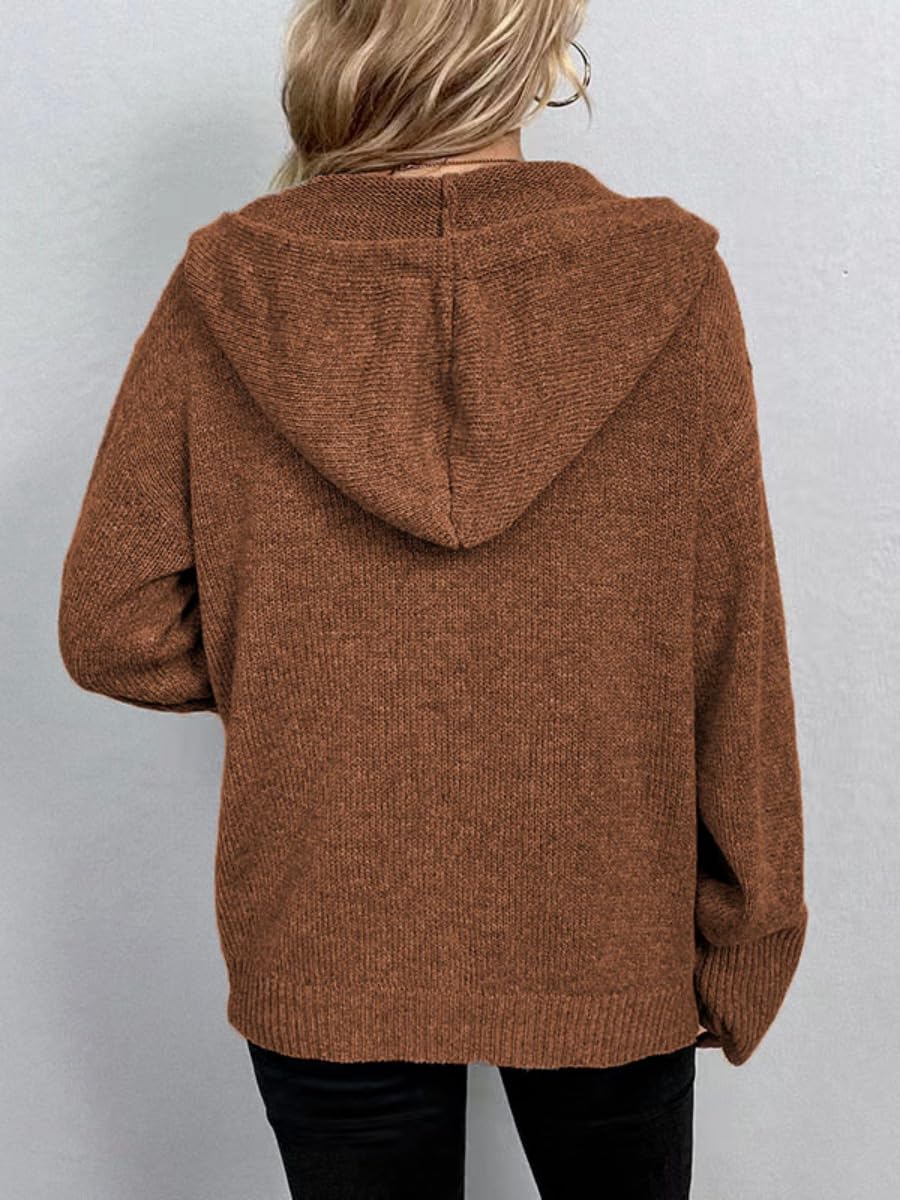 Cardigan à Manches Longues et Capuche pour Femme Elégant Pull Tricoté Gilet avec Boutons Décontracté Manteau