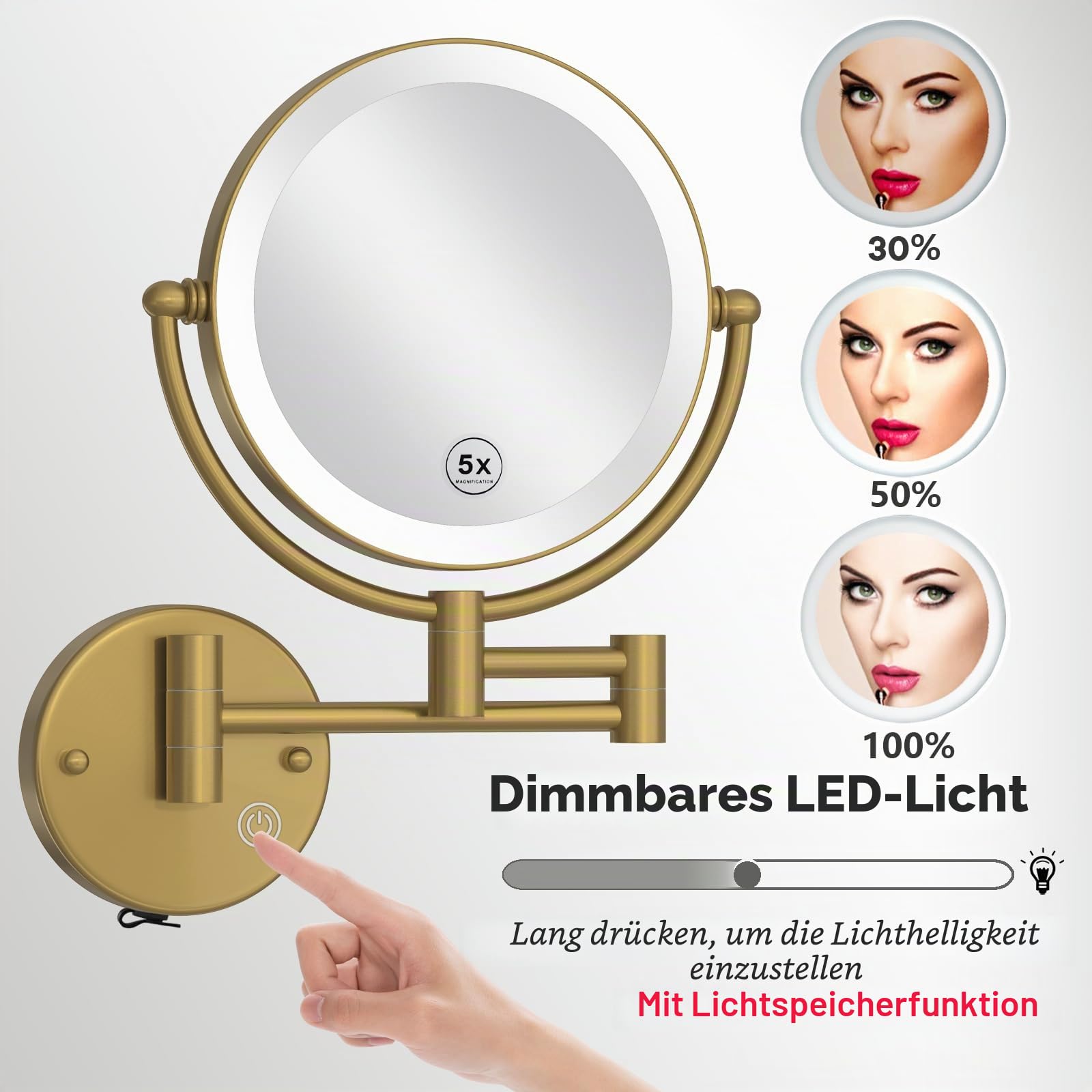 Schminkspiegel Wandmontage,1X5X Vergrößerung Kosmetikspiegel mit Beleuchtung Wand,Messing Badezimmerspiegel,Lichtspeicherfunktion,Rasierspiegel 360° Drehbar, Ausziehbar, USB Wiederaufladbar