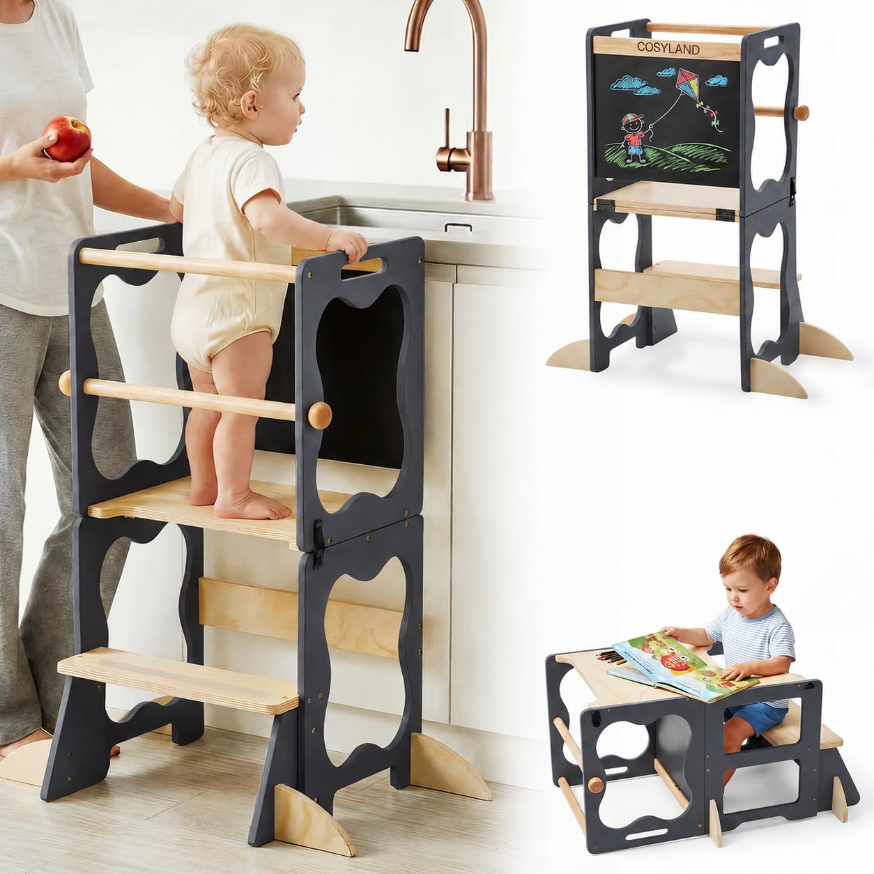 COSYLAND 3-in-1 Foldable Toddler Standing Tower, Convertible Kids Kitchen Stool Tower with 4 Extra Support Feet, Learning Helper for Bathroom Sink, with Blackboard (Grey & Natural)