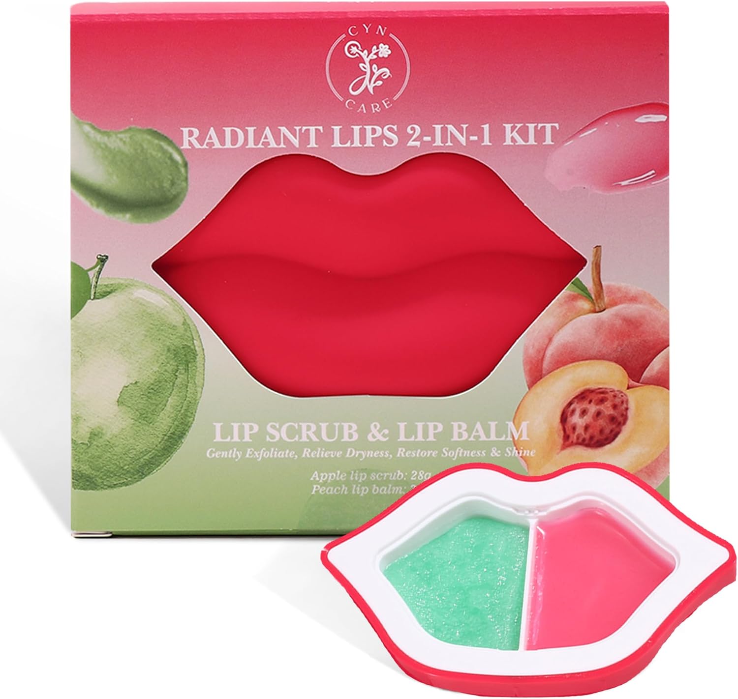 Lip Care Kit with Apple Lip Scrub Exfoliator and Peach Balm Moisturizer – Intense Hydration Set for Dry, Chapped, Cracked Lips