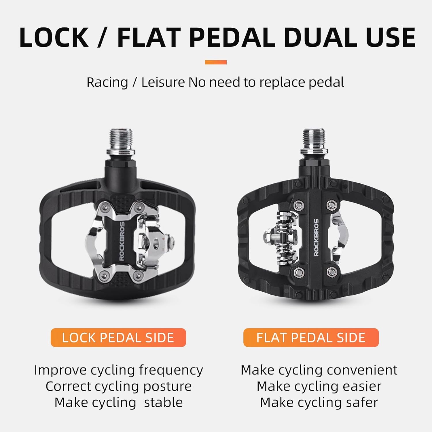ROCKBROS Mountain Bike Pedals MTB Pedals, Nylon Widened Flat Pedal with Non-Slip Nails, Sealed Bearing Clipless Pedal Compatible with SPD, Universal 9/16" for Road Bike, MTB