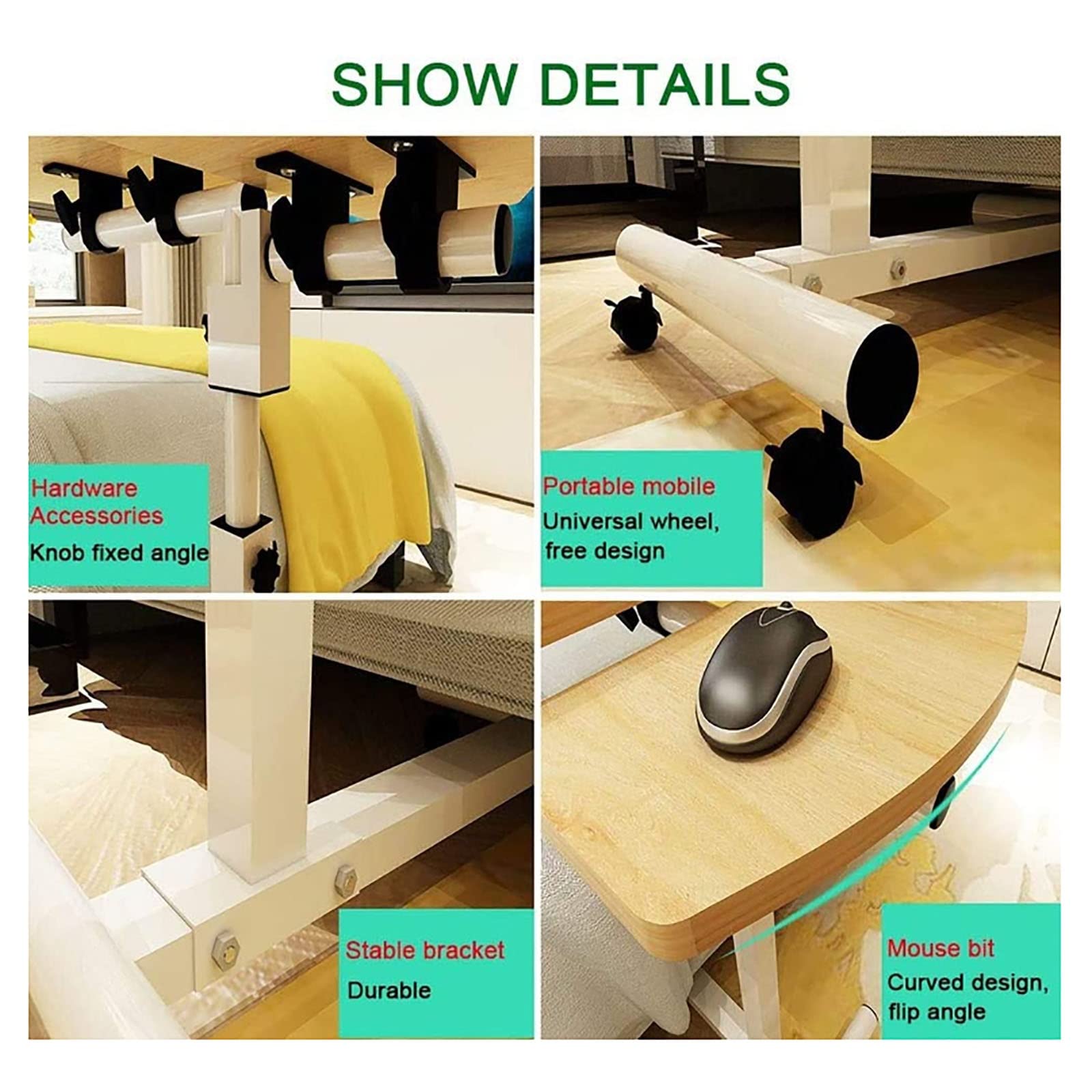 Stoły nadłóżkowe, medyczne nadłóżkowe przenośne szpitalne i do użytku domowego z uchwytem na kubki Regulowana wysokość Sofa Stół boczny z kółkami(Color:B)