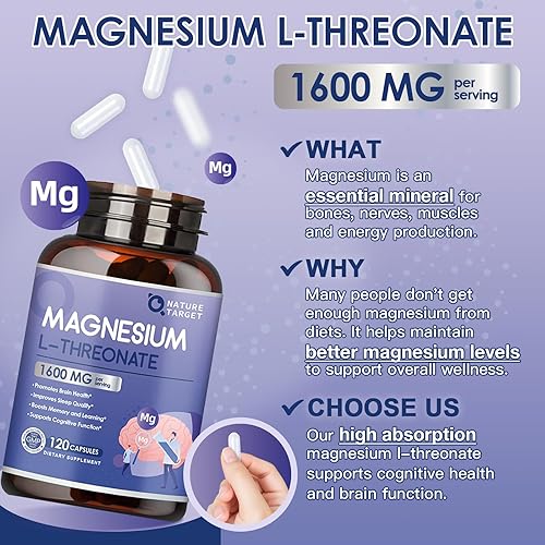 Vista 2 de Cápsulas de L-treonato de magnesio, suplemento de magnesio de alta absorción de 1600 mg, magnesio quelado para el cerebro, apoyo cognitivo